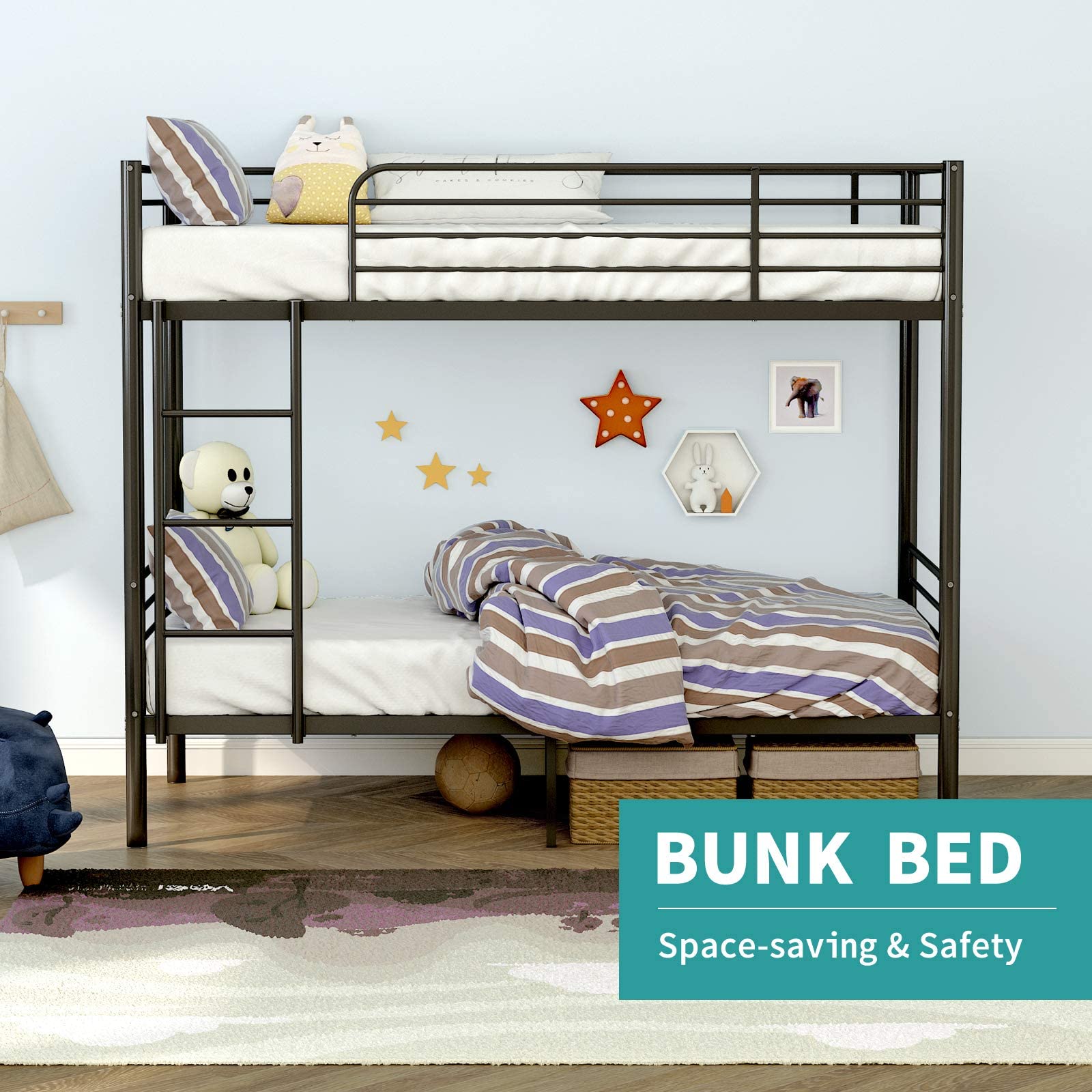 Heavy Duty Twin Over Twin Metal Bunk Bed Frame with Guardrail & Ladder - Space Saving, Noise Free, No Box Spring Needed - Sturdy Black Bunk Beds for Kids, Teens & Adults - Perfect for Small Bedrooms, Dorms & Guest Rooms (Model 2685)