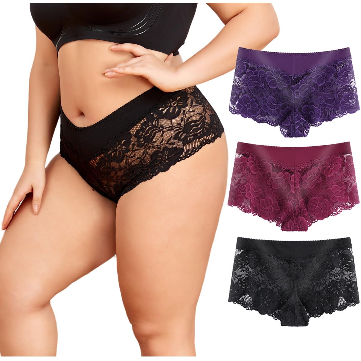 Timothee Women's Lace Boyshorts & Hipster Panties - Soft, Sexy, Cheeky Underwear for Regular & Plus Size - 3/4/8 Pack - Perfect for Everyday Wear, Date Nights, and Special Occasions