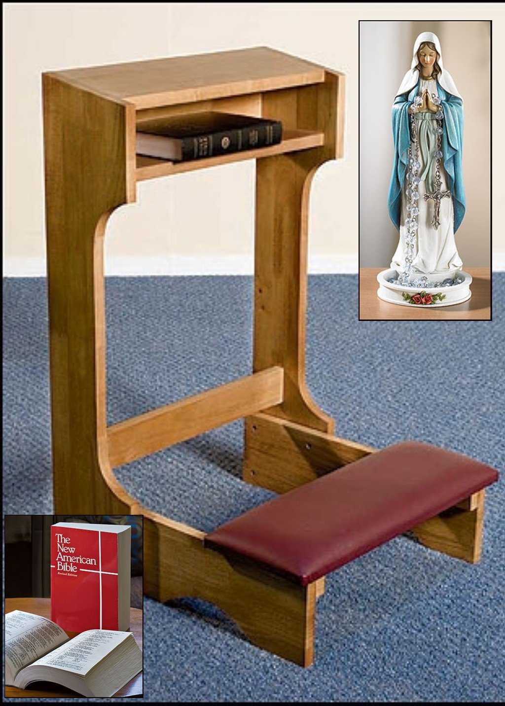 Premium Pecan Wood Padded Kneeler with Madonna Rosary Holder & Bible Storage - Perfect for Prayer, Meditation & Church Worship