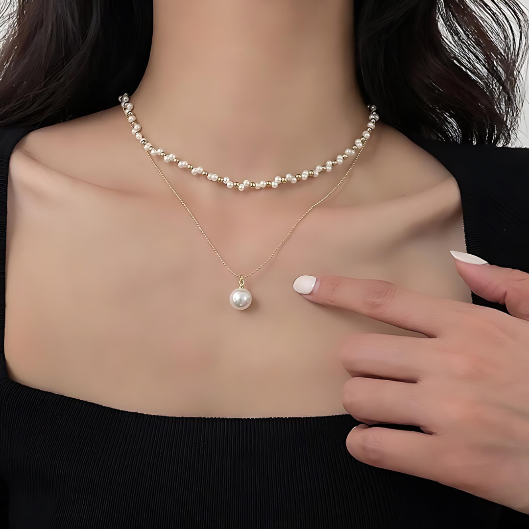 Elegant Beaded Layering Necklace with Pearl Pendant - HN8552 | Women's Fashion Jewelry for Parties, Weddings & Everyday Wear