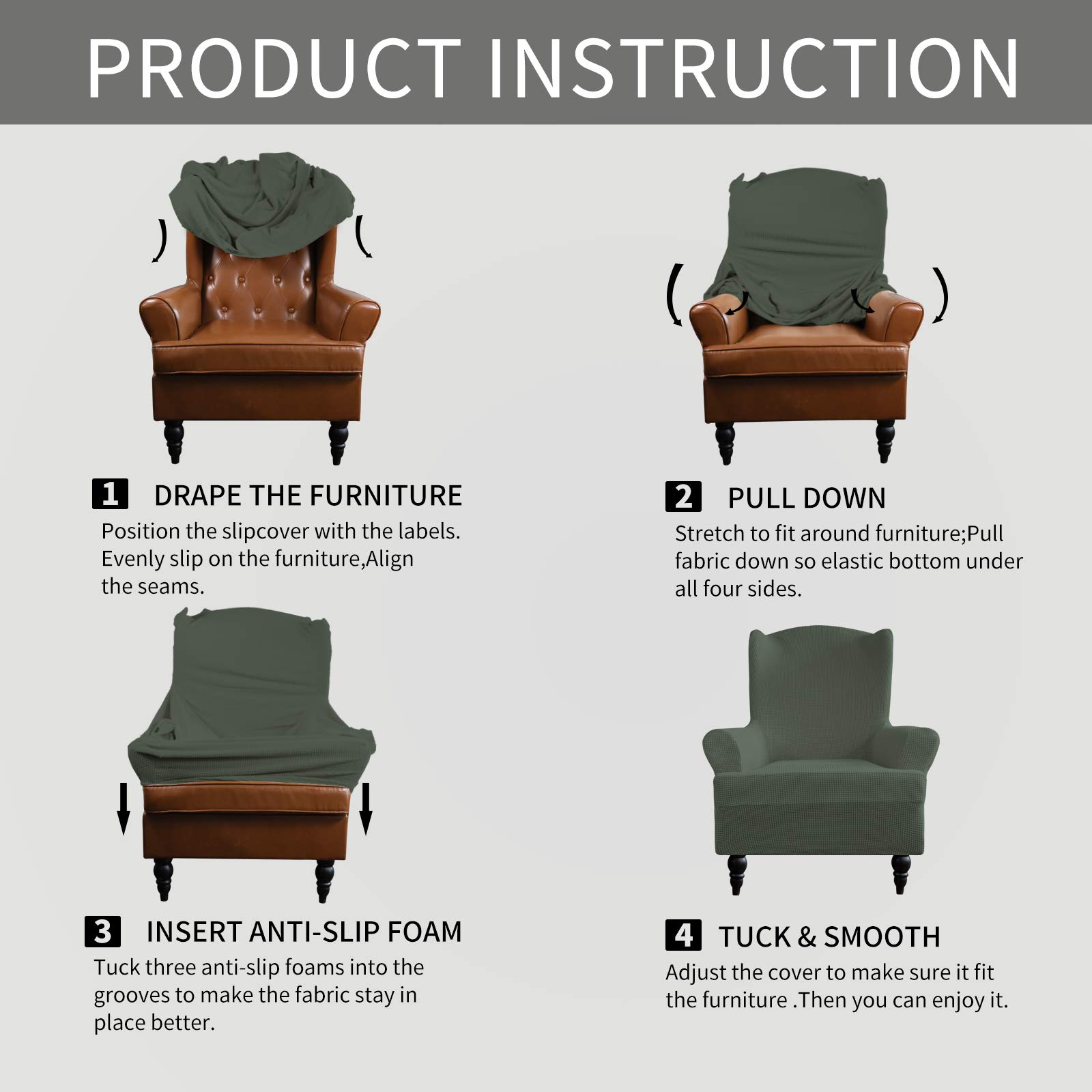 Stretch Wingback Chair Slipcover - 1-Piece Elastic Sofa Cover with Jacquard Fabric, Olive Green - Furniture Protector for Living Room, Office, Reading Nook - Polyester Spandex Blend with Small Check Pattern