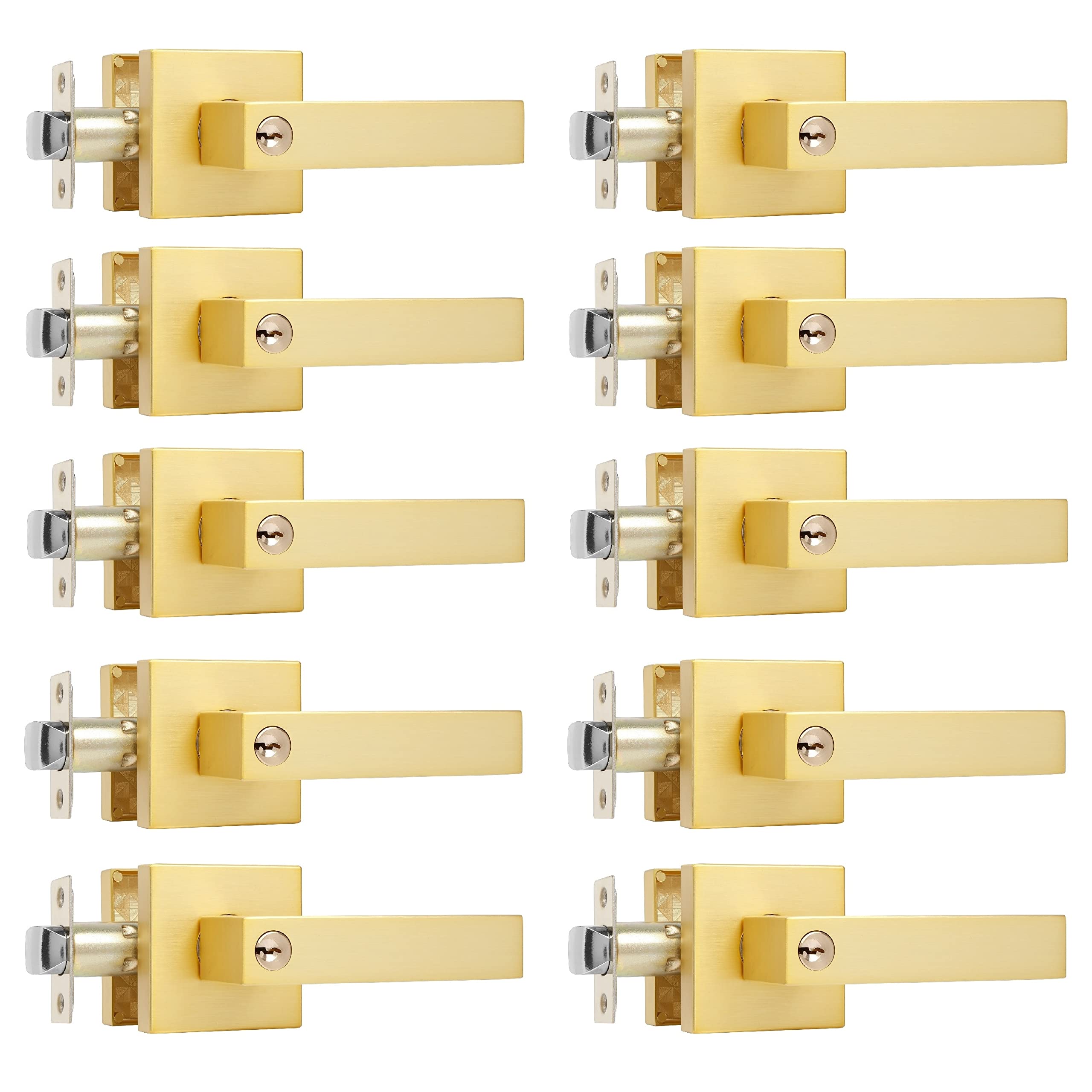 10 Pack Keyed Alike Gold Door Handles with Lock - Heavy Duty Entry Door Levers for Indoor/Outdoor Use (Bedroom, Bathroom, Front Door) - Reversible for Left/Right Handed - Includes Keys - Perfect for Home Security & Easy Access