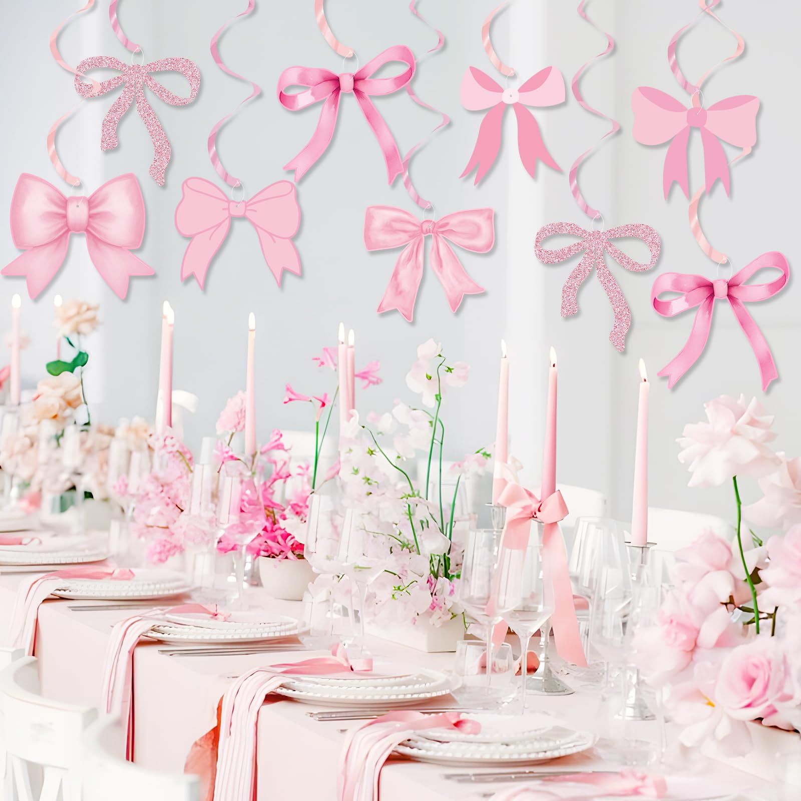 Pink Bow Party Hanging Swirl Decorations - Elegant Bow Theme Birthday Party Decor for Girls, Baby Shower, Bridal Shower & Bachelorette Party - Perfect for Wall, Ceiling & Table Decorations