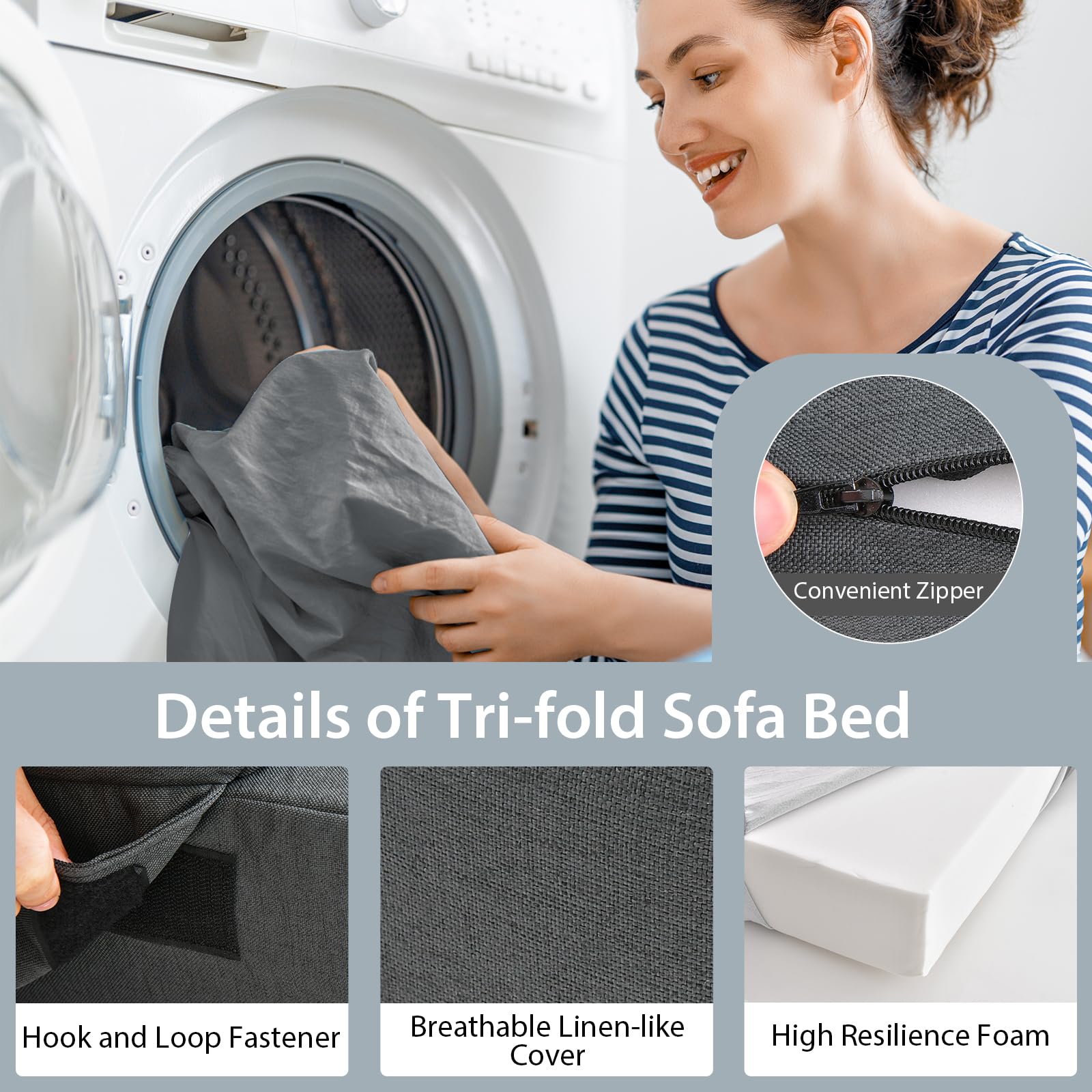 Giantex 6 Inch Tri-Fold Folding Sofa Bed with High-Density Foam Mattress & Removable Washable Cover - Portable Floor Couch with Pillow & Headrest for Guest Room, Small Space, Dorm, Apartment - Dark Grey