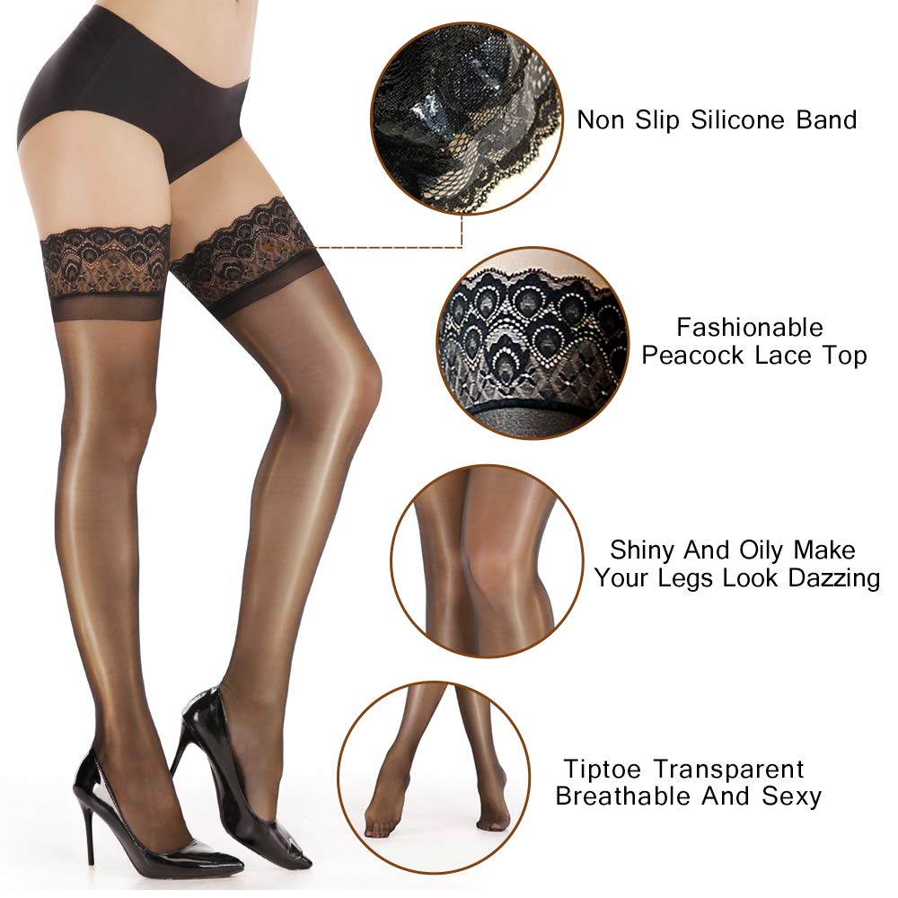 ARRUSA Shiny Nylon Thigh High Stockings for Women - Ultra Shimmery Lace Top with Silicone Band Stay-Up Tights, Sheer Pantyhose Lingerie for Evening Parties, Date Nights & Special Occasions