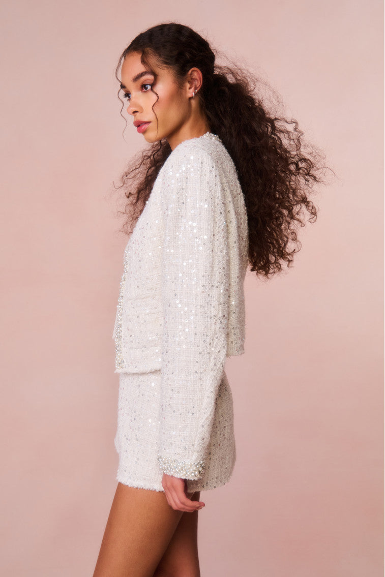 Vintra Embellished Tweed Jacket for Women - Elegant Blazer with Beaded Details | Perfect for Office, Parties & Special Occasions