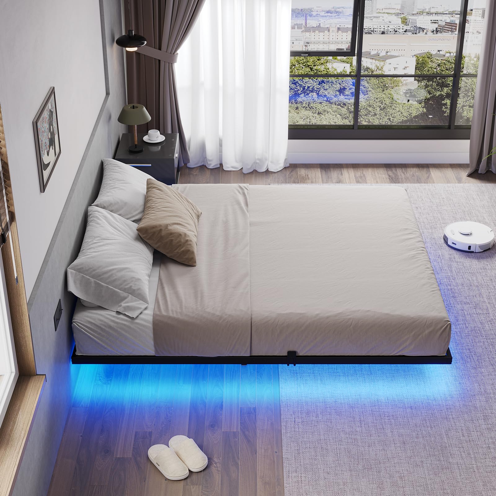 Hasuit Full Size Floating Bed Frame with LED Lights - Metal Platform Bed, No Box Spring Required, Easy Assembly - Perfect for Modern Bedrooms, Guest Rooms & Dorm Decor