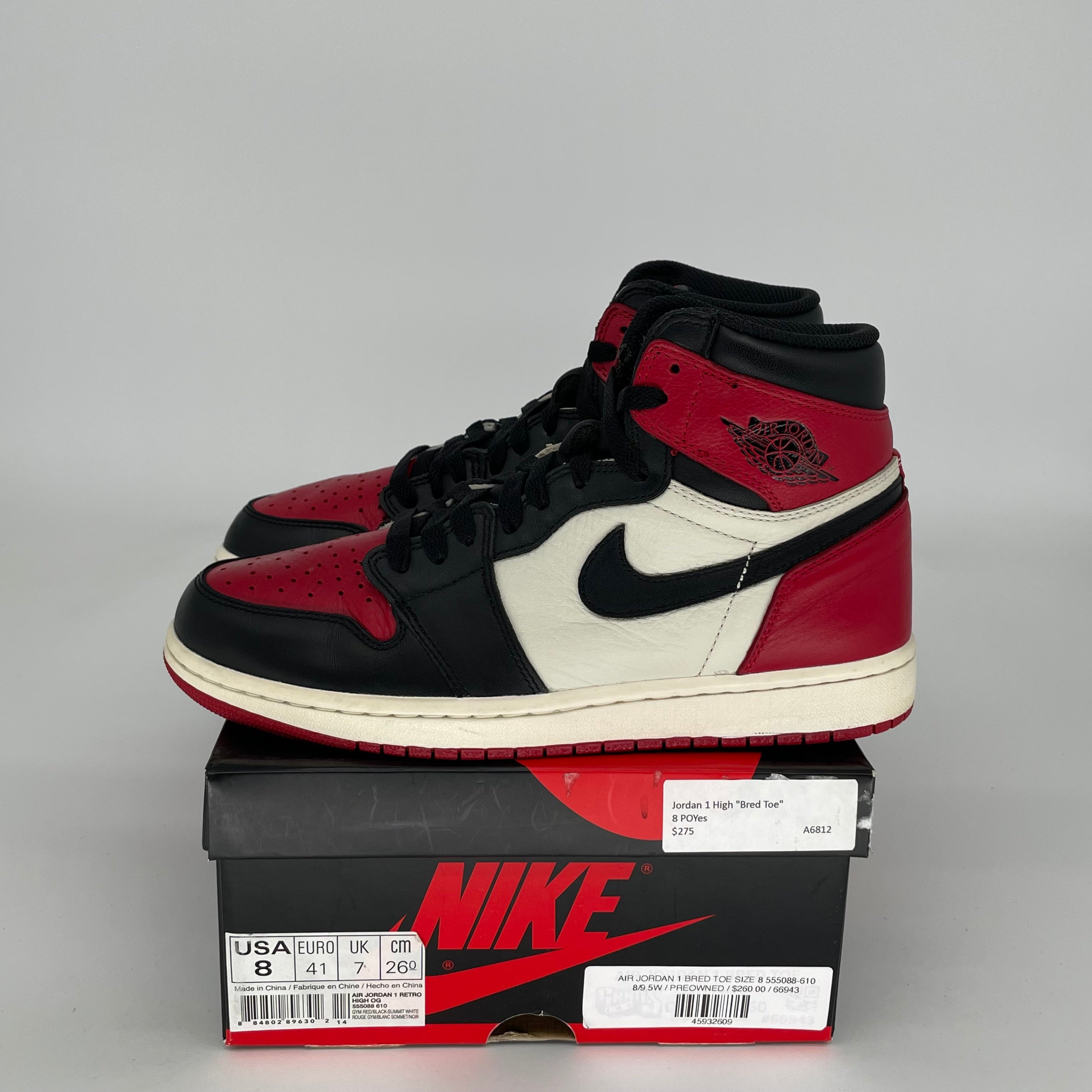 Air Jordan 1 Retro High OG 'Bred Toe' Men's Basketball Shoes Size 8 - Style 555088-610 | Authentic Sneakers for Streetwear & Basketball Games