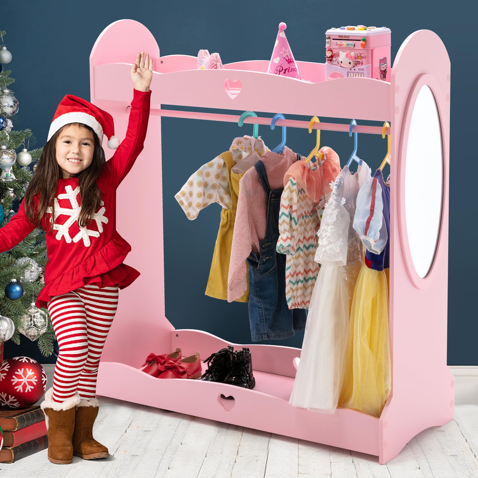 **COSVALVE Kids Dress-Up Storage Armoire with Mirror - Pink Wardrobe Closet for Girls, Hanging Costume Organizer with Side Pockets, Hooks & Top Shelf - Perfect for Bedroom, Playroom & Costume Storage**