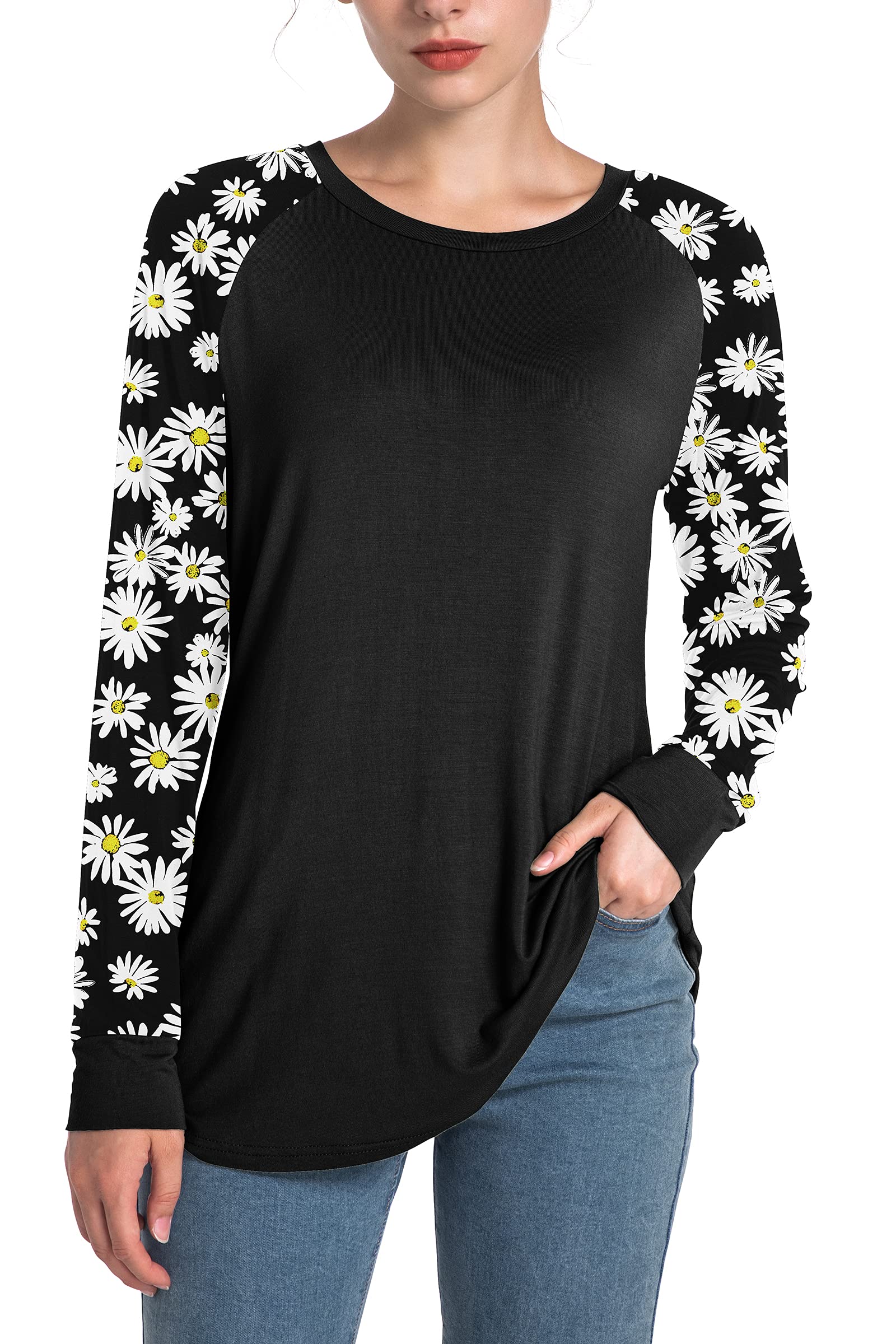 AYIFU Women's Floral Print Long & Short Sleeve Raglan T-Shirts - Casual Crew Neck Tunic Tops for Everyday Wear, Work & Weekend Outfits