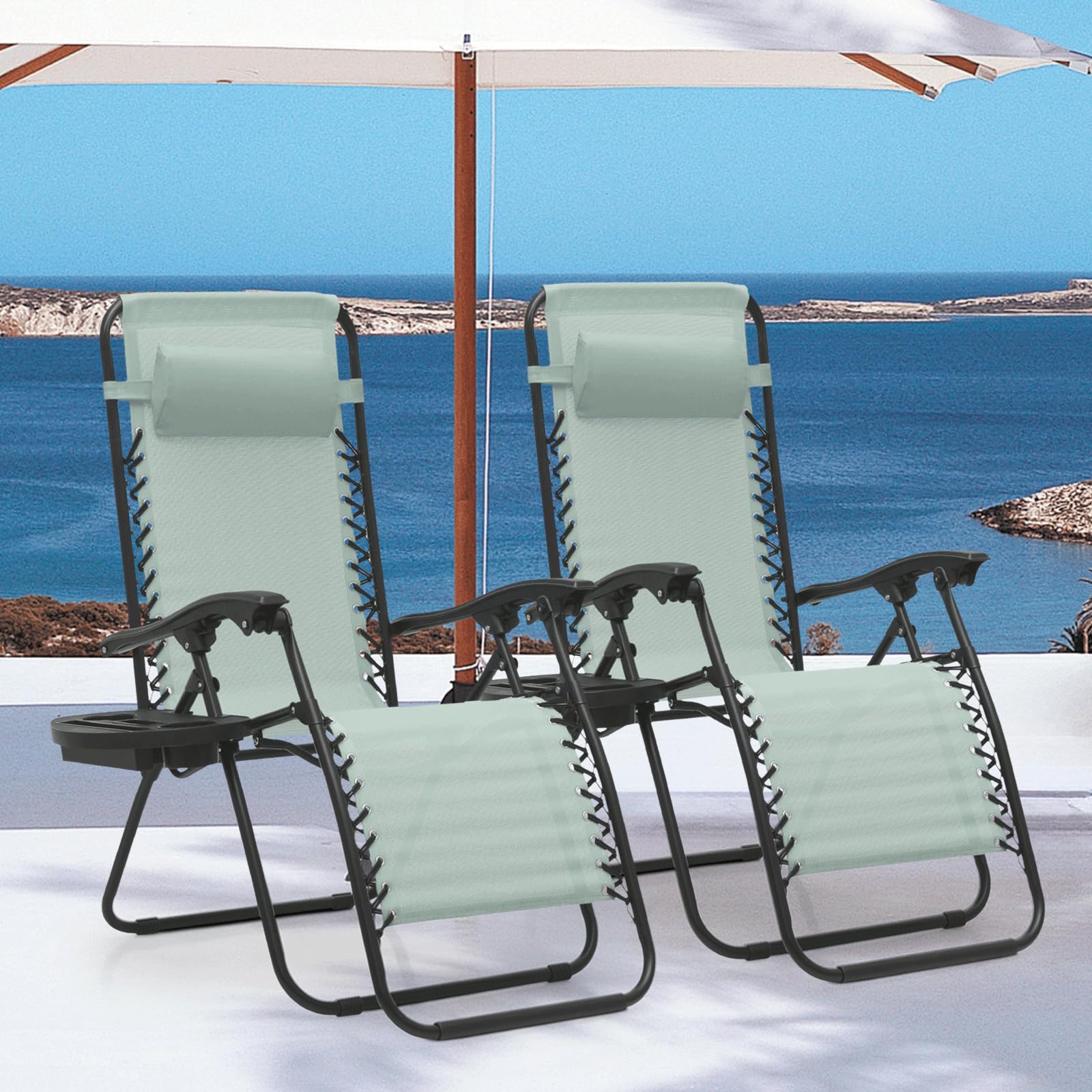 MoNiBloom Zero Gravity Recliner Chairs Set of 2 - Outdoor Folding Patio Lounge Chairs for Backyard, Poolside & Beach - Comfortable Lawn Chairs for Adults with Cup Holder - Sage Green - Perfect for Relaxing, Sunbathing and Outdoor Leisure