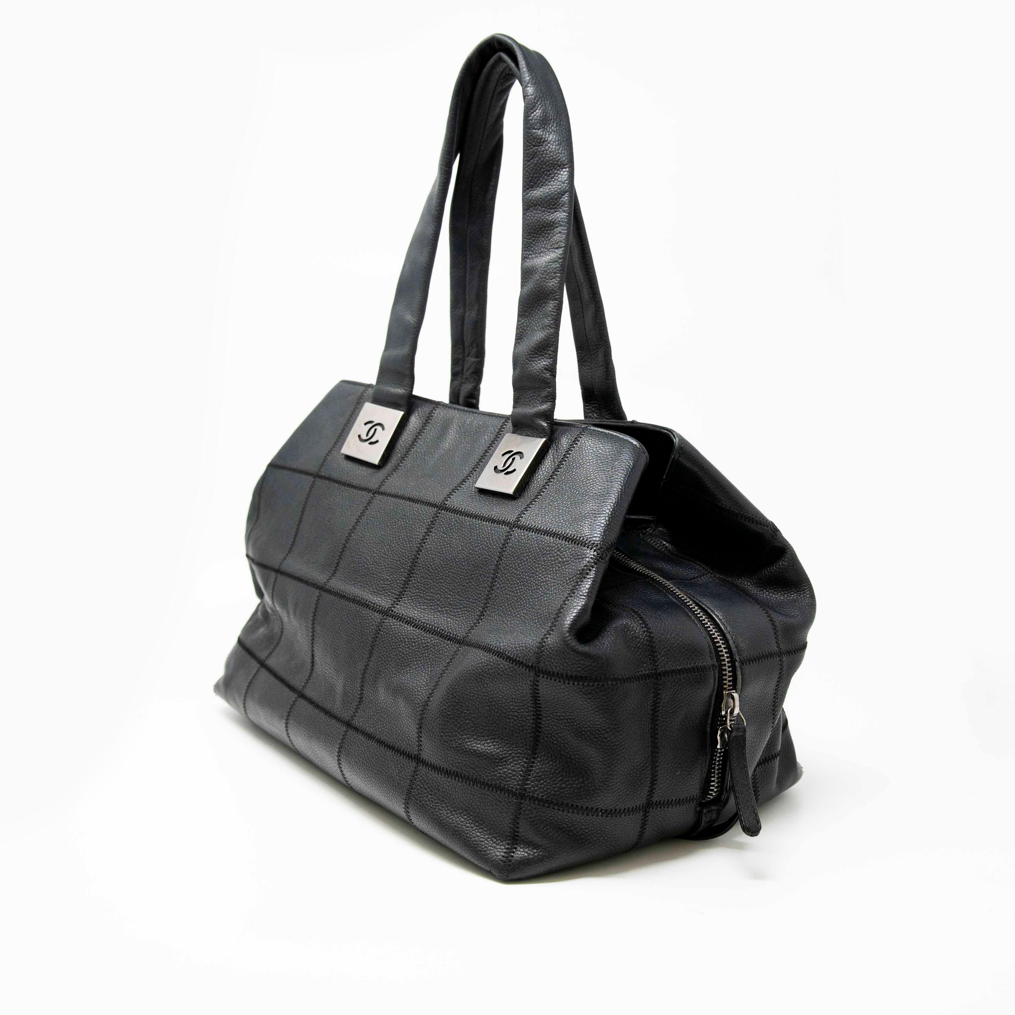 Chanel Black Choco Bar Stitched Leather Tote Bag for Women - Luxury Designer Handbag for Work, Travel & Everyday Use