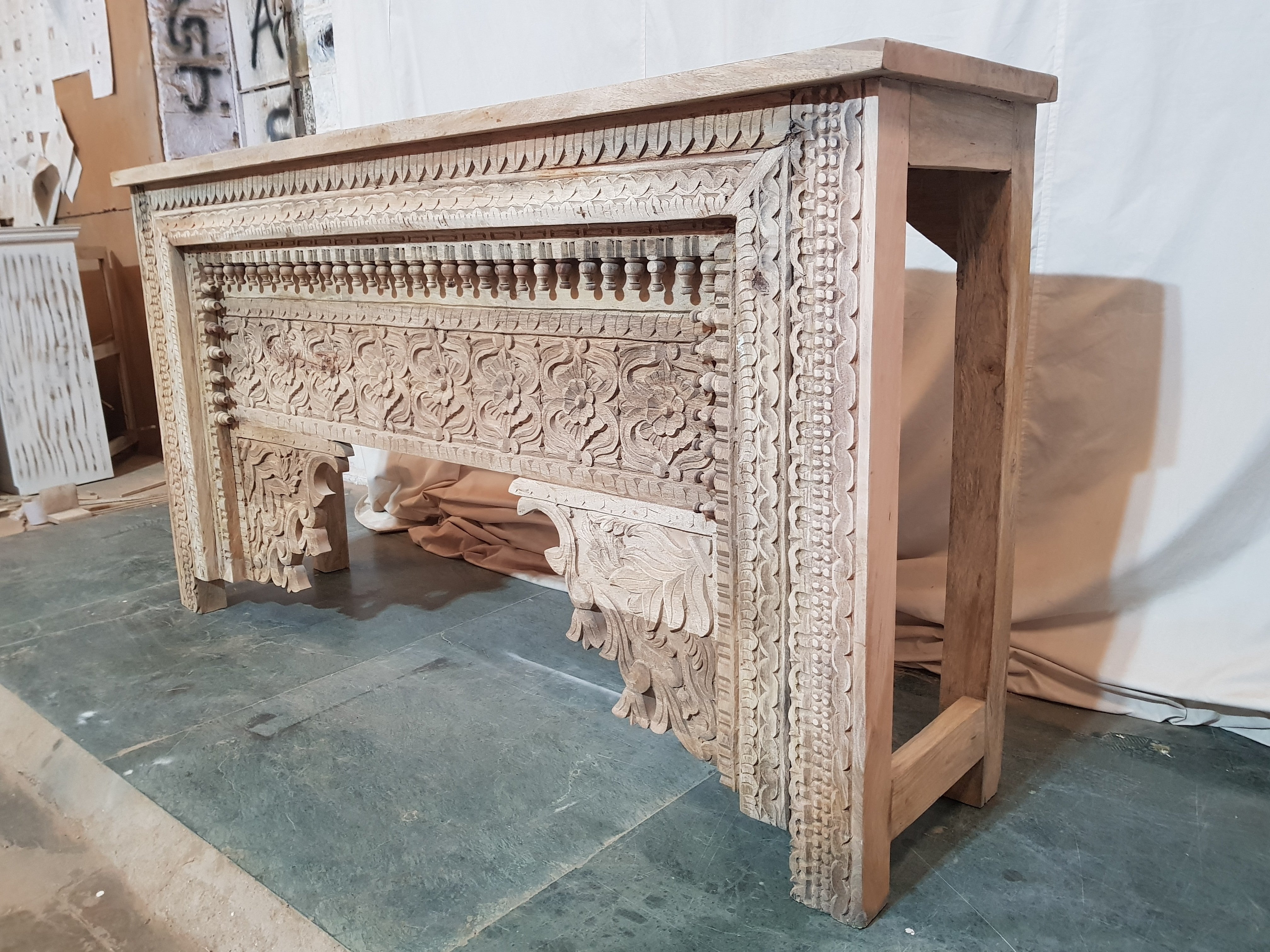 Hand Carved Indian Solid Wood Console Table - Natural Finish, 67