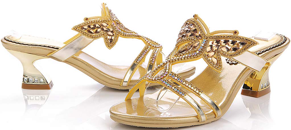 LizFoYa Women's Rhinestone Strappy Slip-On Dress Sandals with Butterfly Pattern - Comfortable Casual Heels for Weddings, Parties & Summer Outfits
