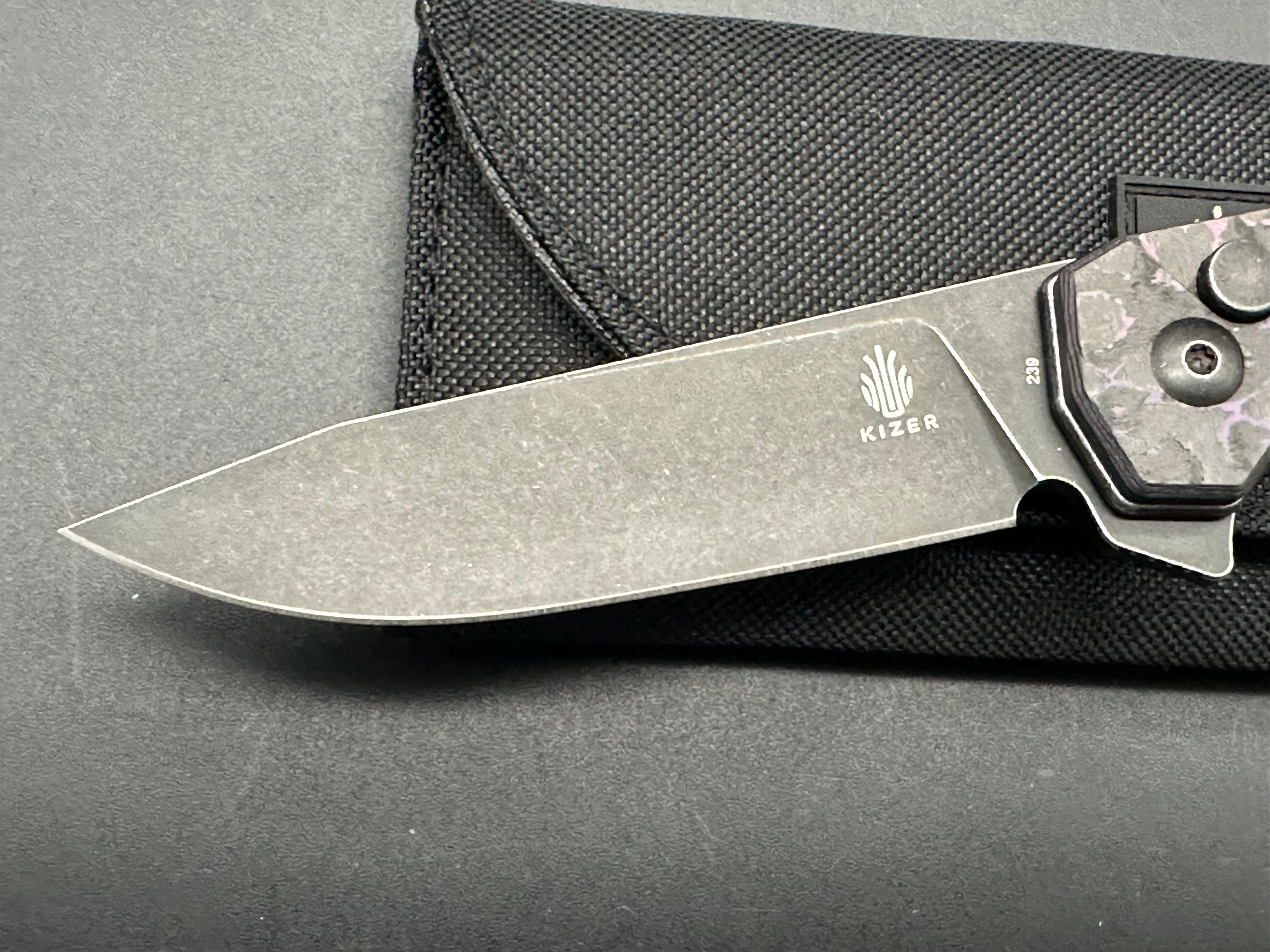 Kizer Begleiter 2 Azo Button Lock Folding Knife - Purple/Black Fat Carbon Handle, EDC Pocket Knife for Outdoor, Camping & Everyday Carry
