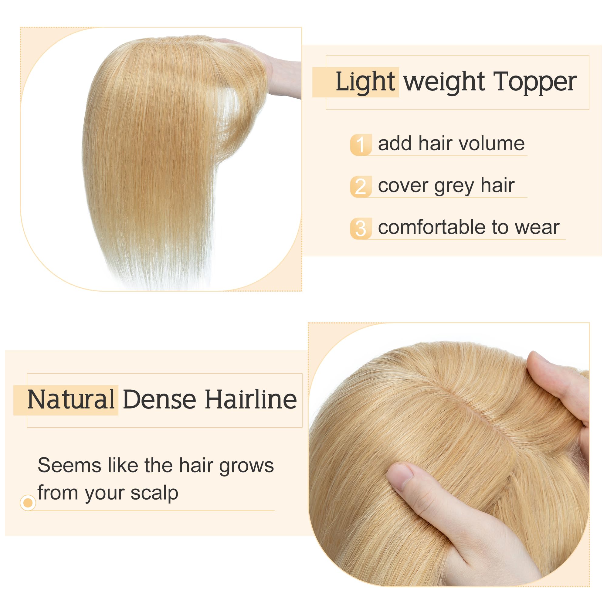 SEGO 100% Remy Human Hair Toppers for Women with Bangs - 16 Inch Natural Blonde Clip-in Top Wiglet (7x13cm Silk Base) for Thinning Hair | Perfect for Daily Wear, Parties & Special Occasions