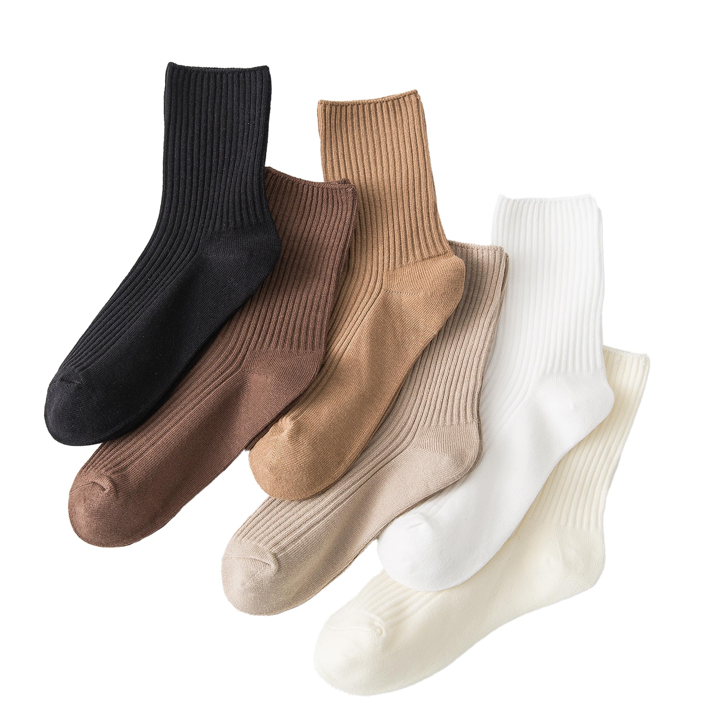 6 Pairs Women's Cotton Crew Socks - Neutral Tan High Calf Socks for Everyday Wear, Work & Casual Outfits