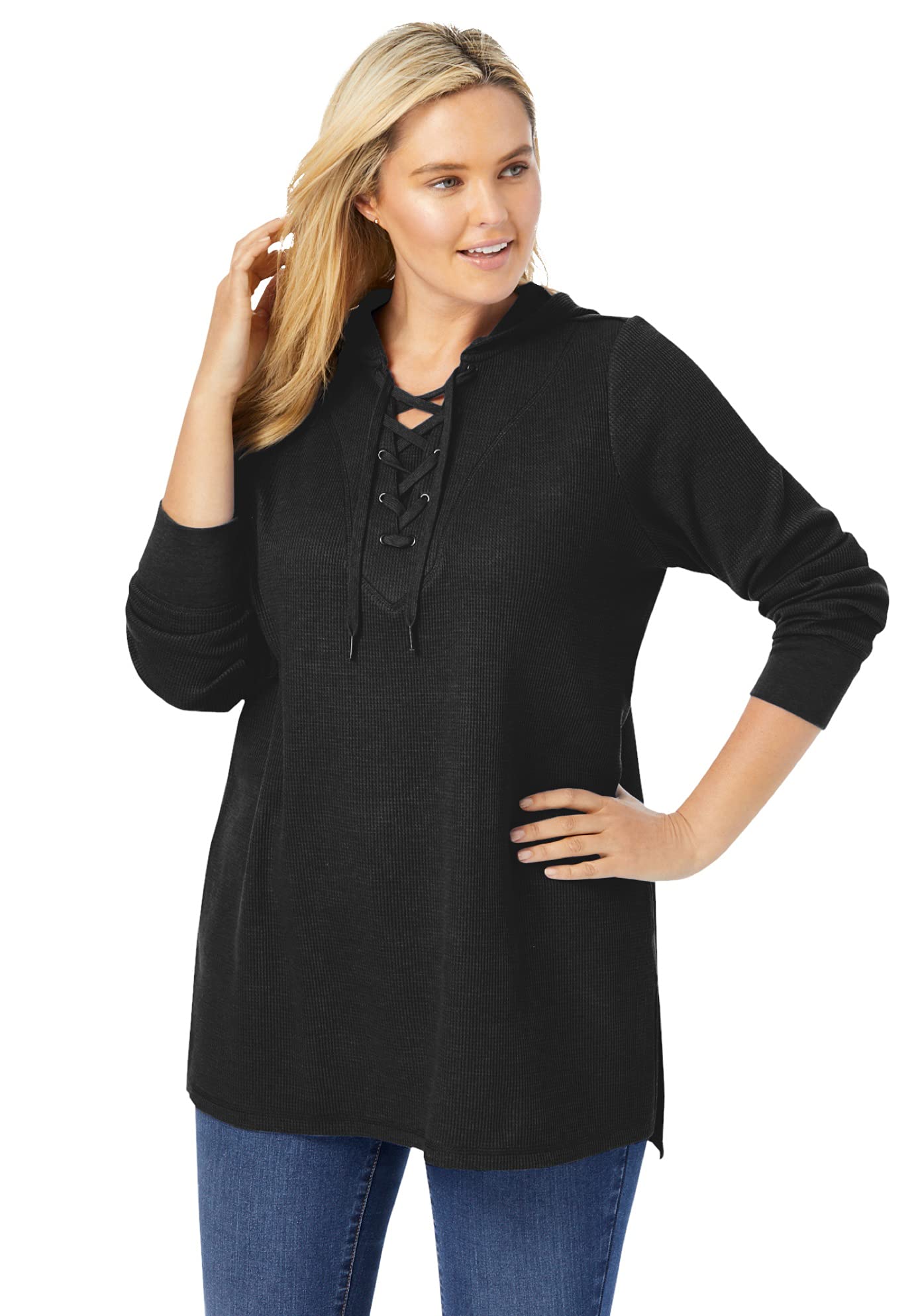 Woman Within Women's Plus Size Waffle-Thermal Lace-Up Hoodie | Cozy Fleece Pullover for Cold Weather | Perfect for Winter, Fall & Outdoor Activities