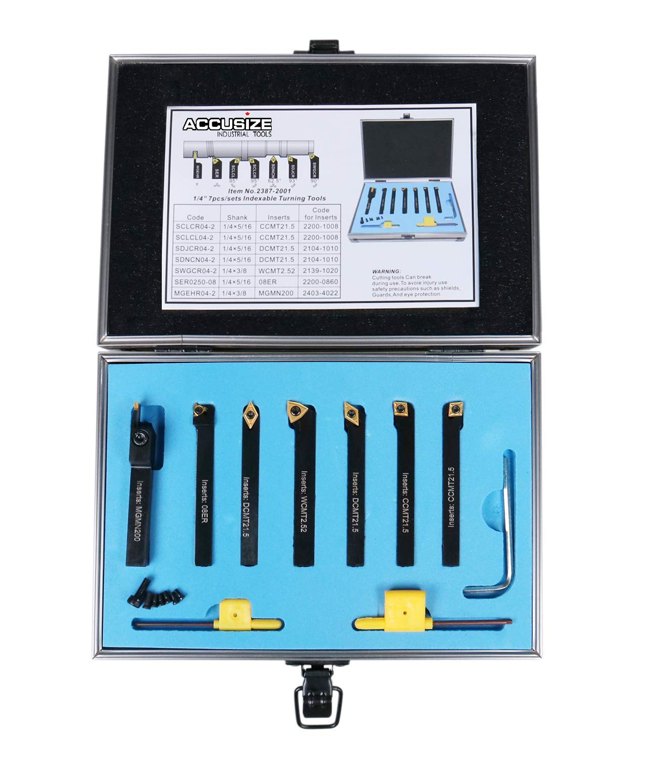Accusize Industrial Tools 1/4'' Shank 7-Piece Indexable Carbide Turning Tool Set in Fitted Box, 2387-2001 - Perfect for Metal Lathe Turning, DIY Projects & Professional Machining