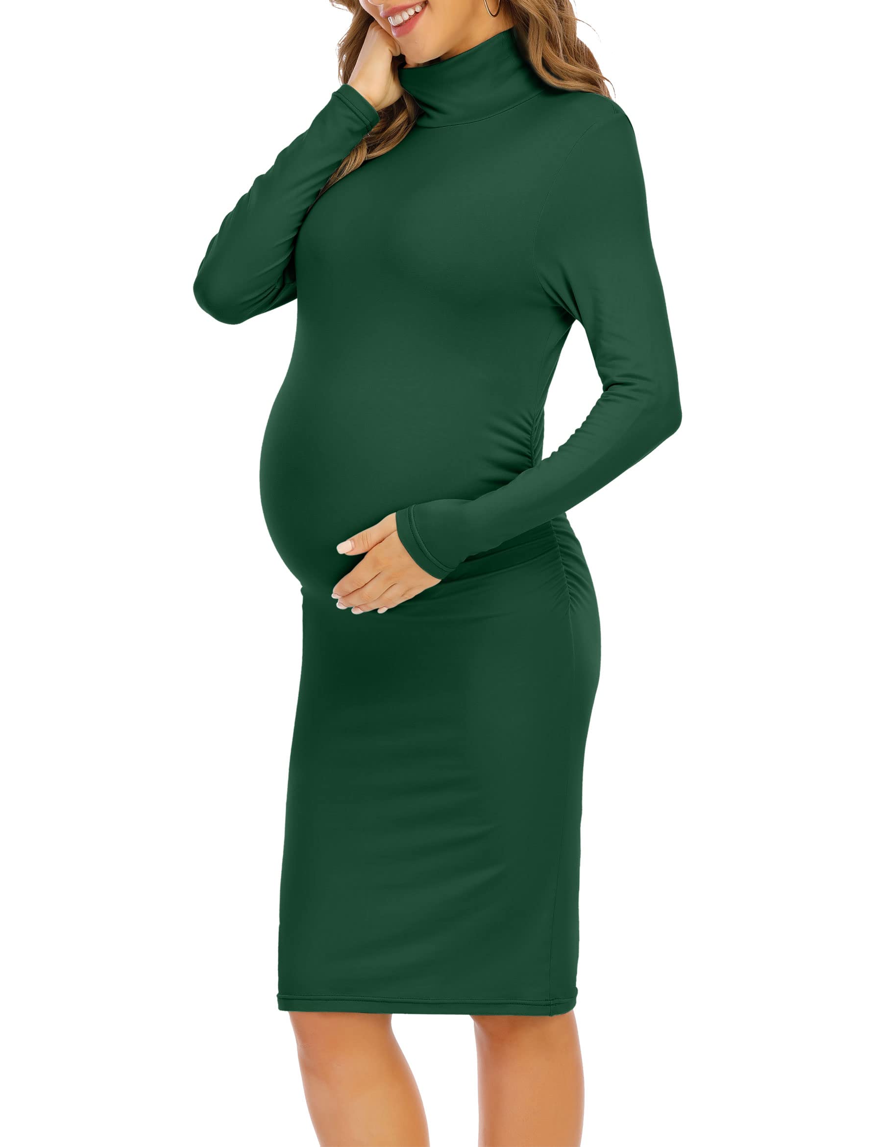 Stylish Turtleneck Long Sleeve Maternity Dress with Side Ruched Design - Perfect for Pregnancy Photos, Baby Showers & Winter Maternity Wear