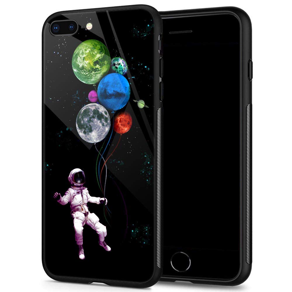 Premium Astronaut & Planet Design Tempered Glass iPhone 8 Plus Case - Shockproof Black Phone Cover for iPhone 7/8 Plus - Perfect Gift for Men & Boys | Office, School, Travel Protection