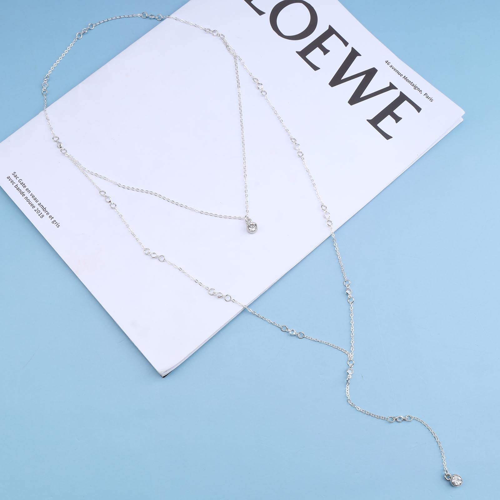 Boho Layered Rhinestone Back Necklace - Long Crystal Gold CZ Chain Necklace for Women | Vintage Body Jewelry for Summer, Beach, Parties & Special Occasions
