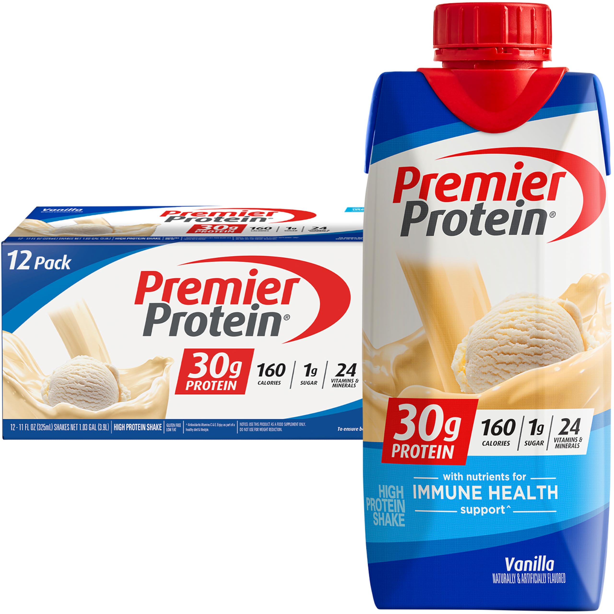 Premier Protein Shake Vanilla - 30g Protein, 1g Sugar, 11oz (Pack of 12) | Post-Workout Recovery, Meal Replacement & On-the-Go Nutrition