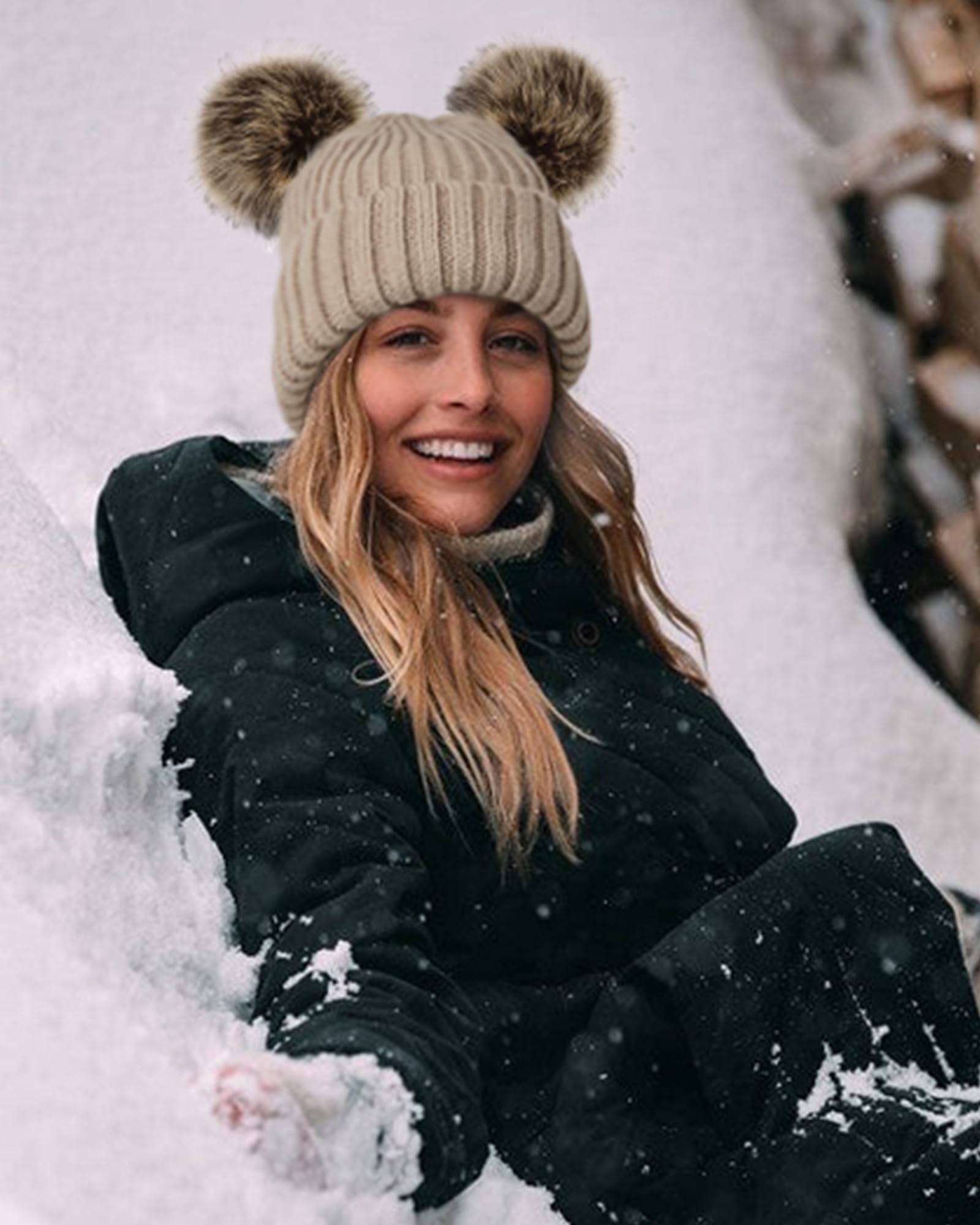 FURTALK Women's Fleece Lined Winter Beanie Hat - Warm Knit Hat with Double Faux Fur Pom Poms for Women & Girls - Perfect for Cold Weather, Snow Days & Outdoor Activities
