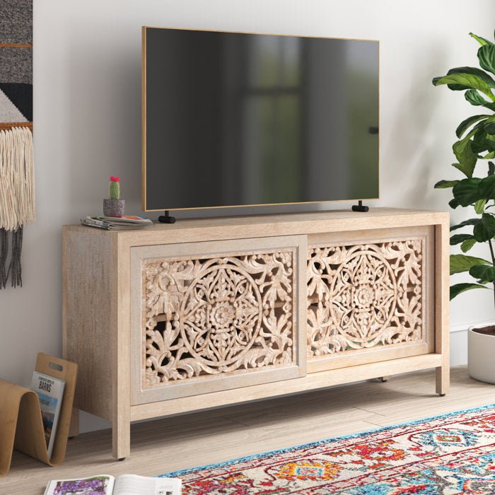 Hand Carved Mandala Inspired Botanical Patterns Media Console - Solid Wood TV Stand with Storage for Living Room, Bedroom & Home Decor