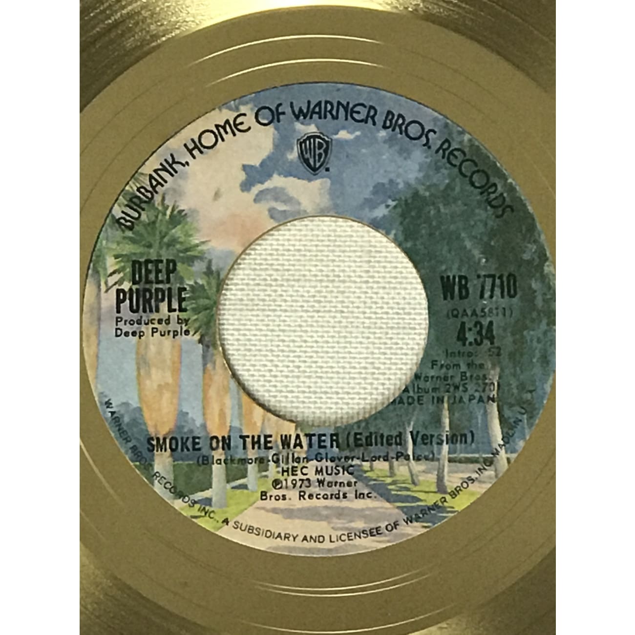Deep Purple Smoke On The Water White Matte RIAA Gold 45 Award - Rare Collectible for Ritchie Blackmore - Perfect for Music Memorabilia Displays & Rock Collector's Showcase