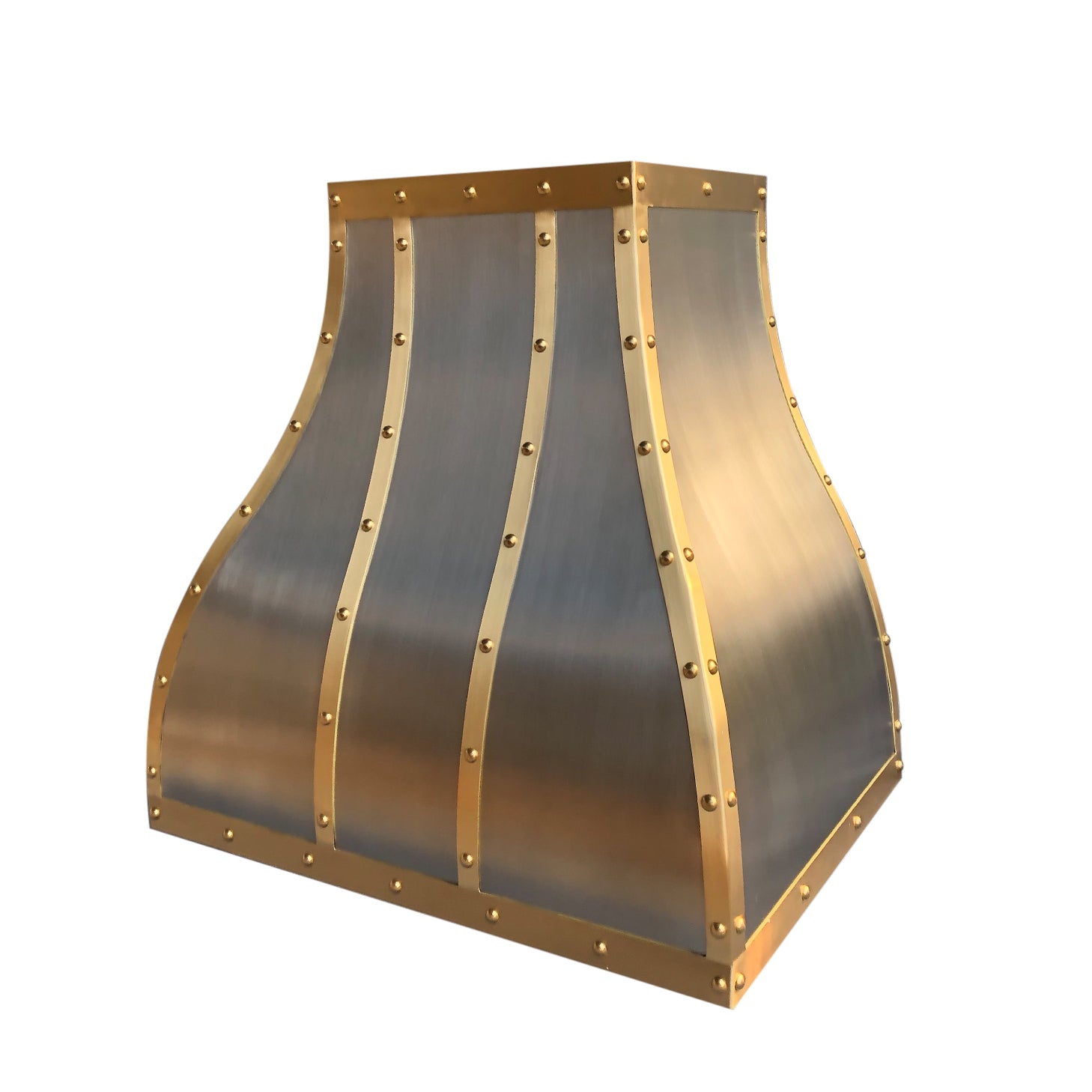RHM Custom Stainless Steel S-Curve Range Hood with Brass Straps & Rivets - Professional Kitchen Ventilation for Home Chefs | Perfect for Modern Kitchens, Restaurants, and Open-Concept Living Spaces
