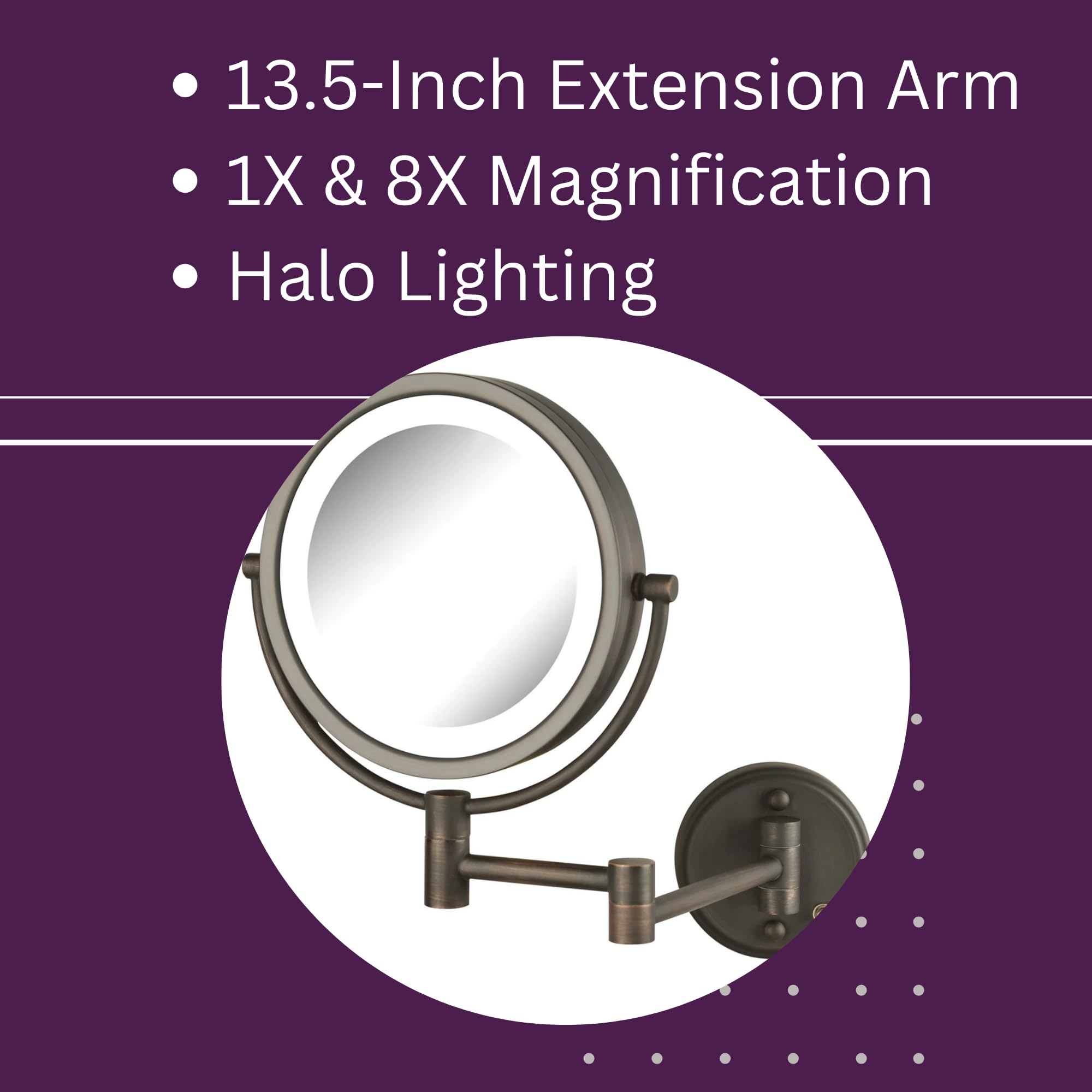 JERDON Wall-Mounted LED Makeup Mirror with 8X Magnification - Bronze Finish Vanity Mirror with Adjustable Lights for Perfect Makeup Application (Model HL88BZL) - Ideal for Home Bathroom, Dressing Room & Professional Salon Use