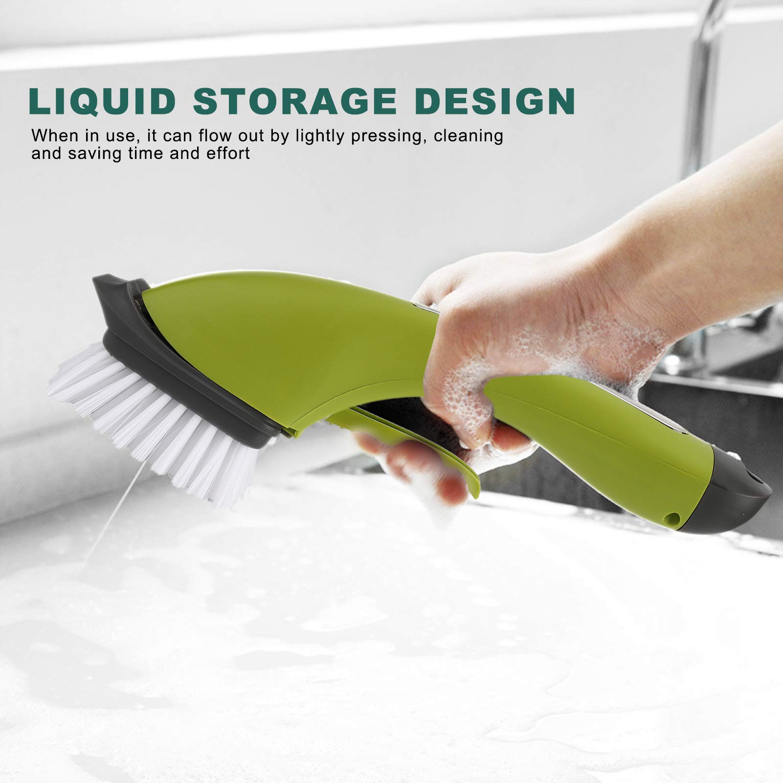 Long Handle Pot Cleaning Brush with Soap Dispenser - Kitchen Scrub Brush for Pans, Pots, Sink & Dish Washing - Ergonomic Green Dish Brush for Easy Cleaning (Perfect for Non-Stick Cookware & Deep Cleaning)