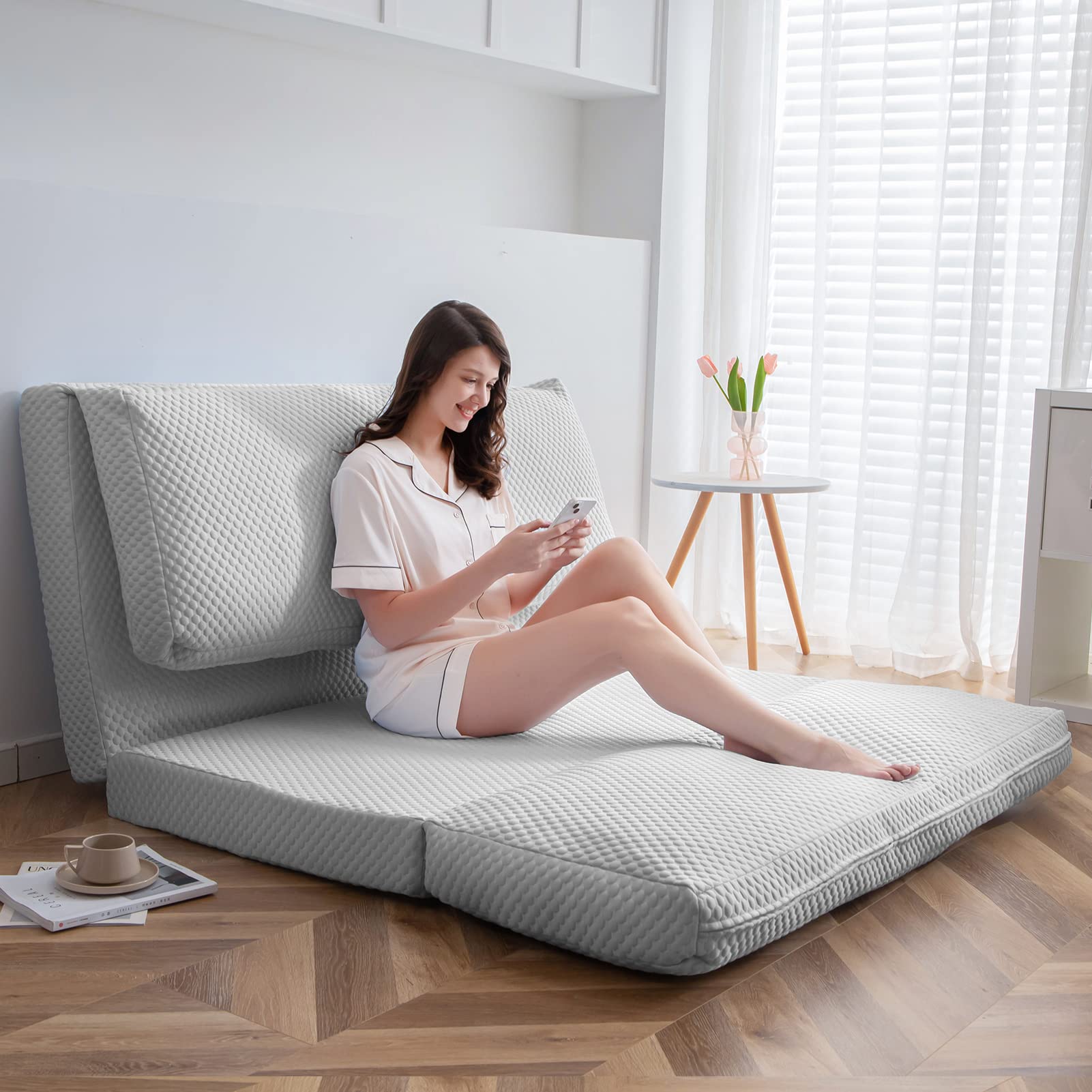 MAXYOYO Cooling Bean Bag Bed - Foldable Sofa Bed & Floor Mattress for Hot Sleepers | Breathable Washable Cover Absorbs Body Heat | Single Floor Couch for Summer | Grey 30x95 Inch | Perfect for Living Rooms, Dorms & Outdoor Relaxation