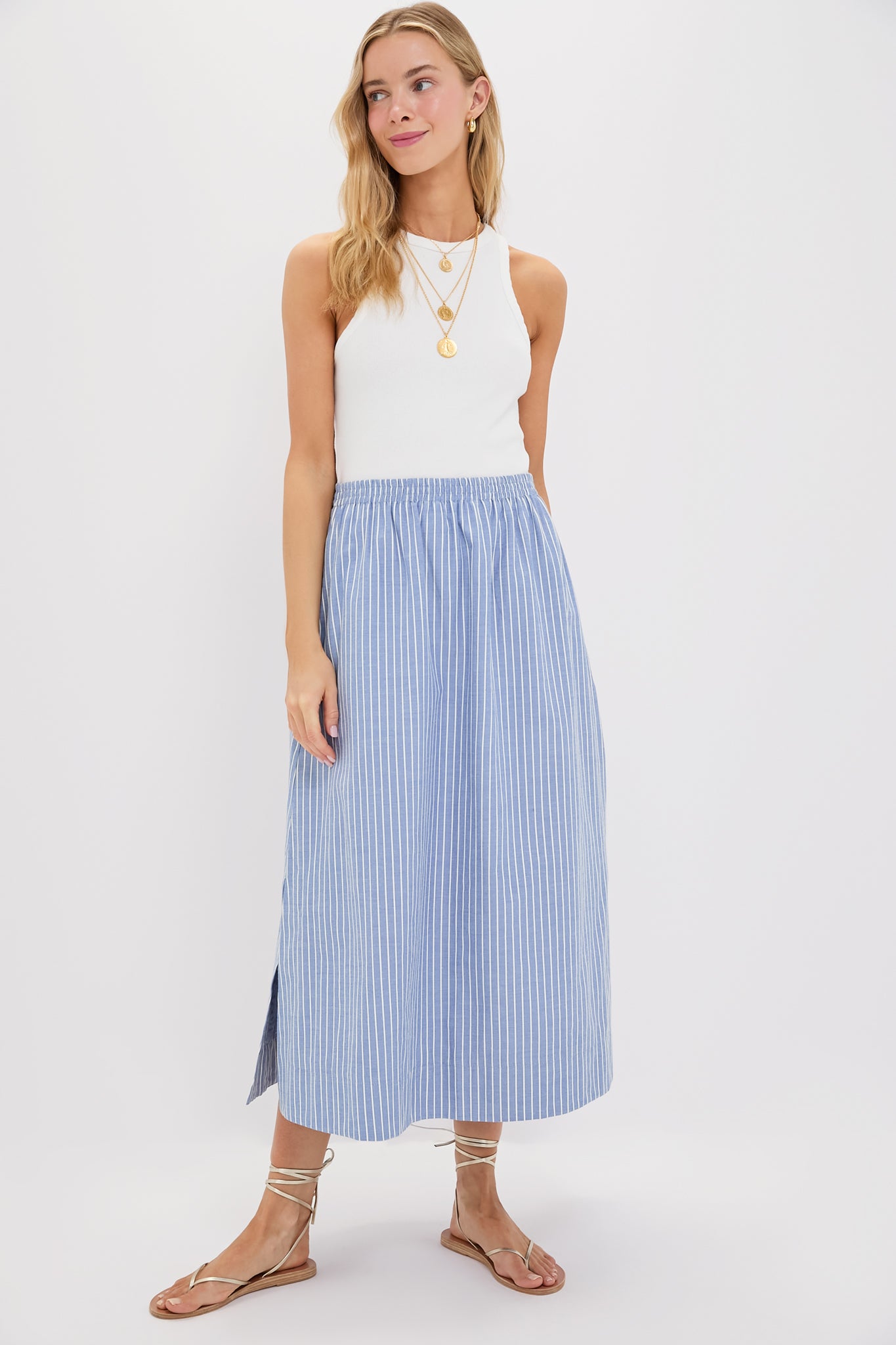Blue Stripe Athena Skirt - Women's Flowy Midi Skirt with Side Slits | Perfect for Summer, Beach Vacations & Boho Outfits