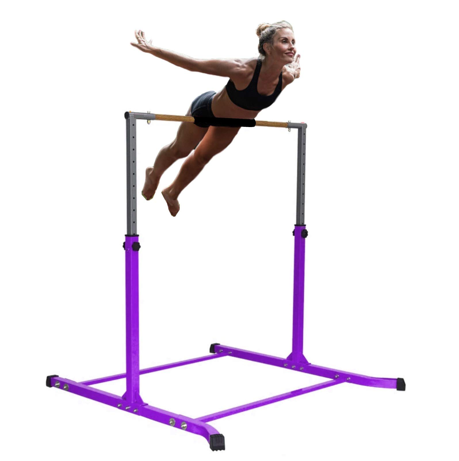 Adjustable Kids Gymnastics Bar - 3 to 5 FT Height Expandable Training Bar with Cushioned Rail & Curved Legs for Home Practice (Purple) | Perfect for Junior Gymnasts, Backyard Training & Indoor Exercise
