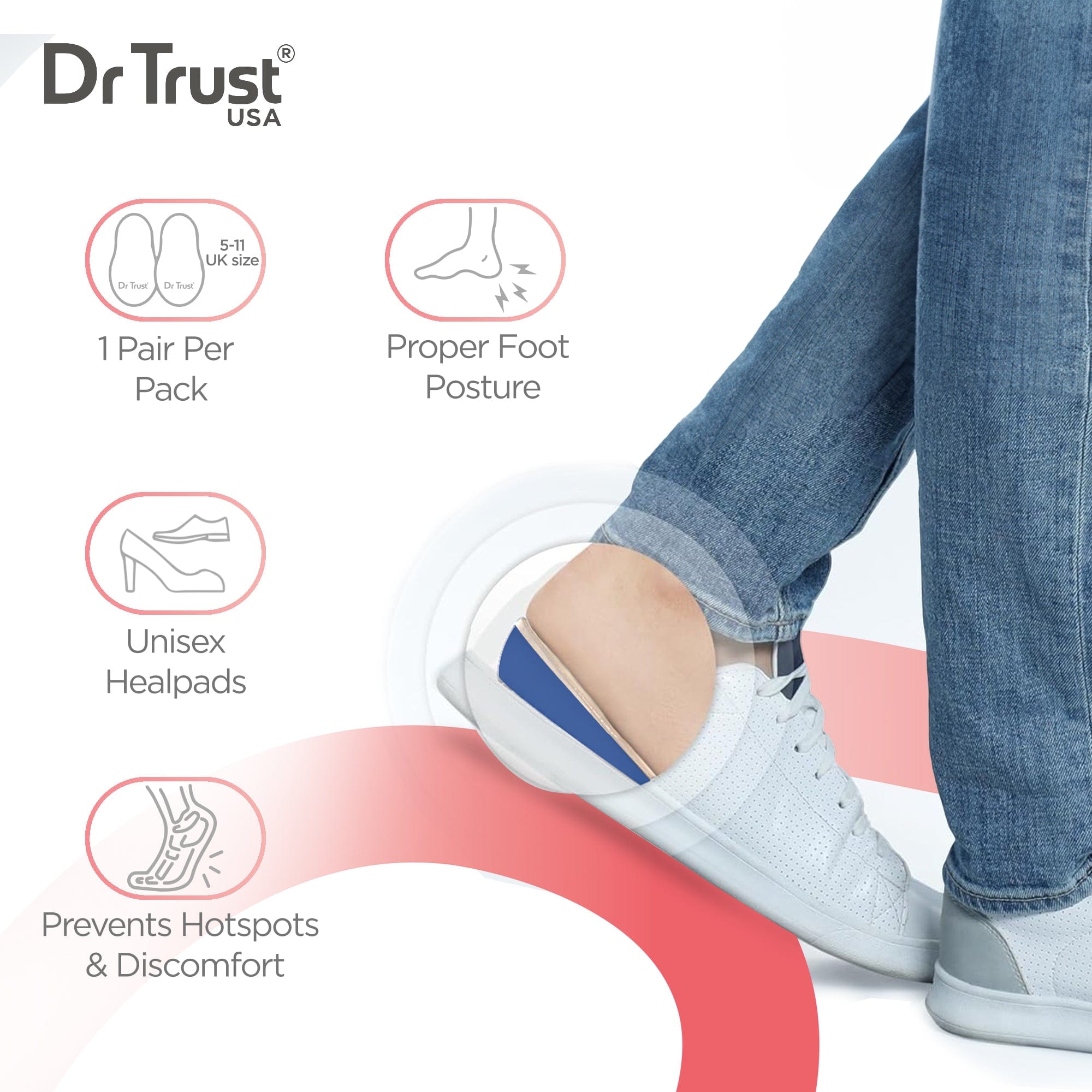 Dr Trust USA Orthopedic Heel Pads - Plantar Fasciitis Pain Relief, Heel Spurs & Foot Comfort Gel Inserts for Women & Men - Cushioned Heel Support (1 Pair, UK 5-11) - Perfect for Running, Walking & Everyday Comfort