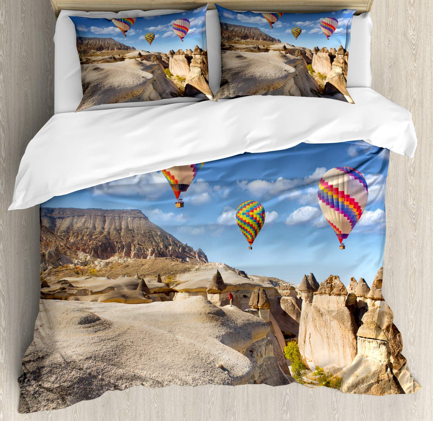Ambesonne Colorful King Size Duvet Cover Set - 3 Piece Bedding with 2 Pillow Shams, Rocky Landscape of Cappadocia Turkey & Hot Air Balloons Design, Multicolor Decorative Comforter Cover | Perfect for Bedroom Decor, Guest Room, and Vacation Home Styling