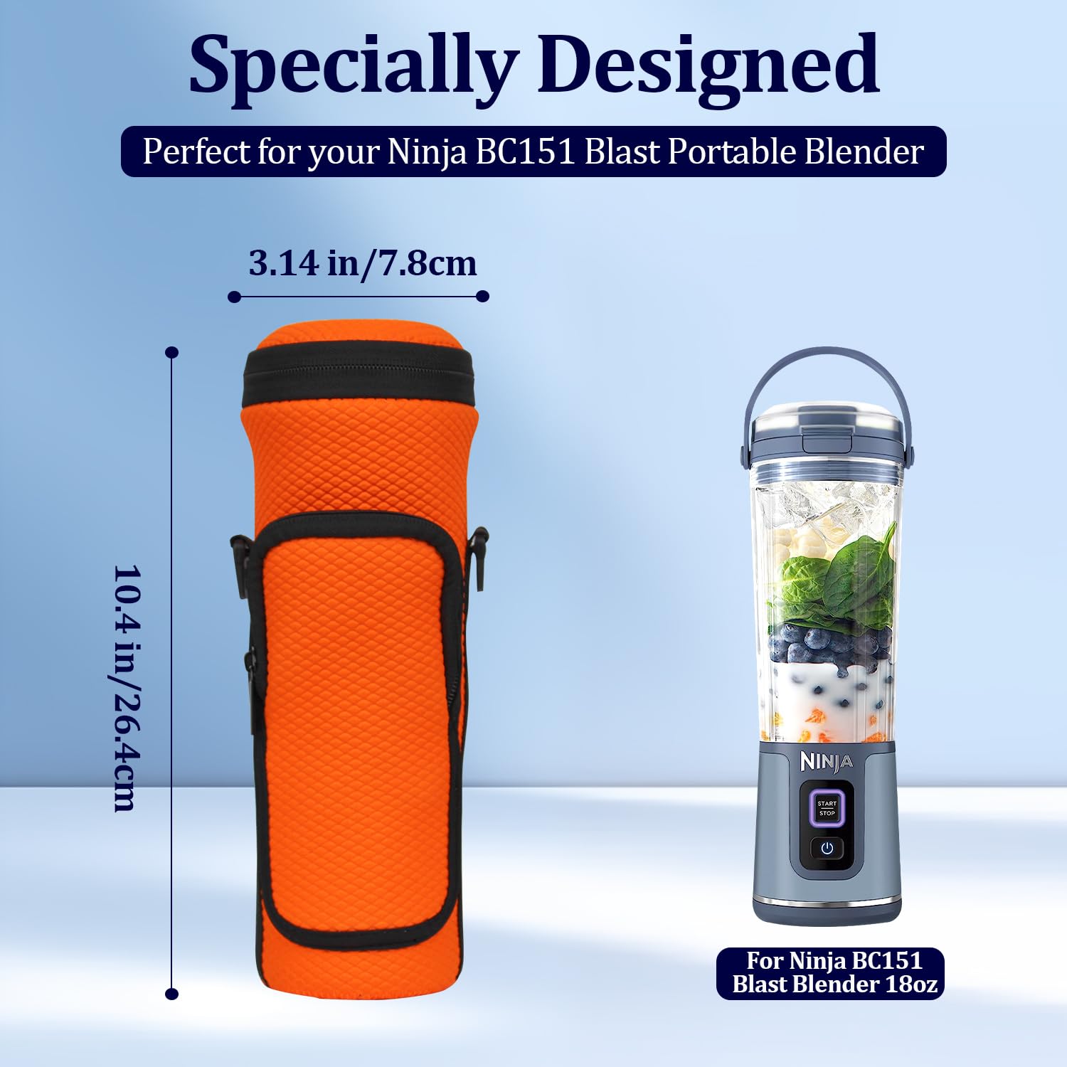Portable Blender Carrying Case for Ninja BC151 - Insulated Travel Bag with Adjustable Strap & Storage Pocket, Orange - Perfect for Gym, Office & Outdoor Smoothies