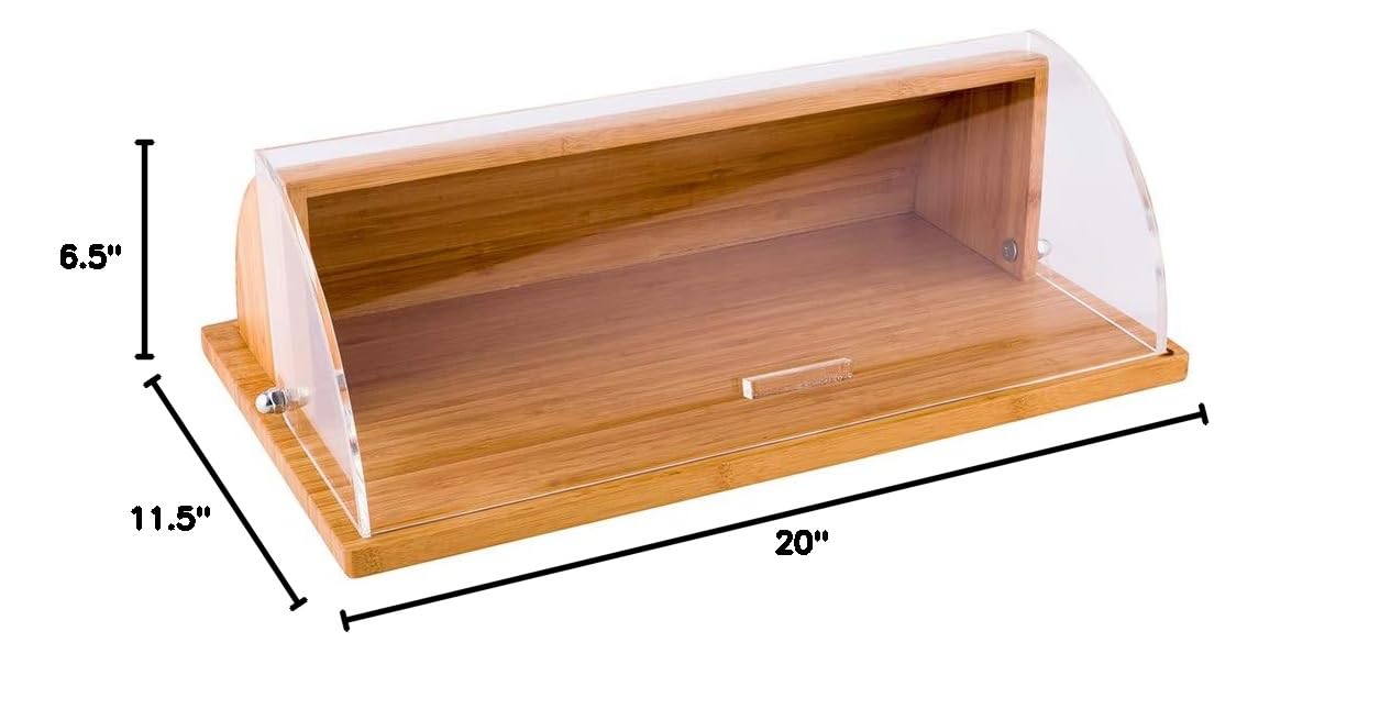 20 x 11.5 x 6.5 Inch Natural Bamboo Bread Box with Clear Shatter-Proof Lid - Wooden Roll Top Food Storage Container for Kitchen Countertop, Pantry & Restaurant Use - Perfect for Storing Bread, Pastries & Baked Goods