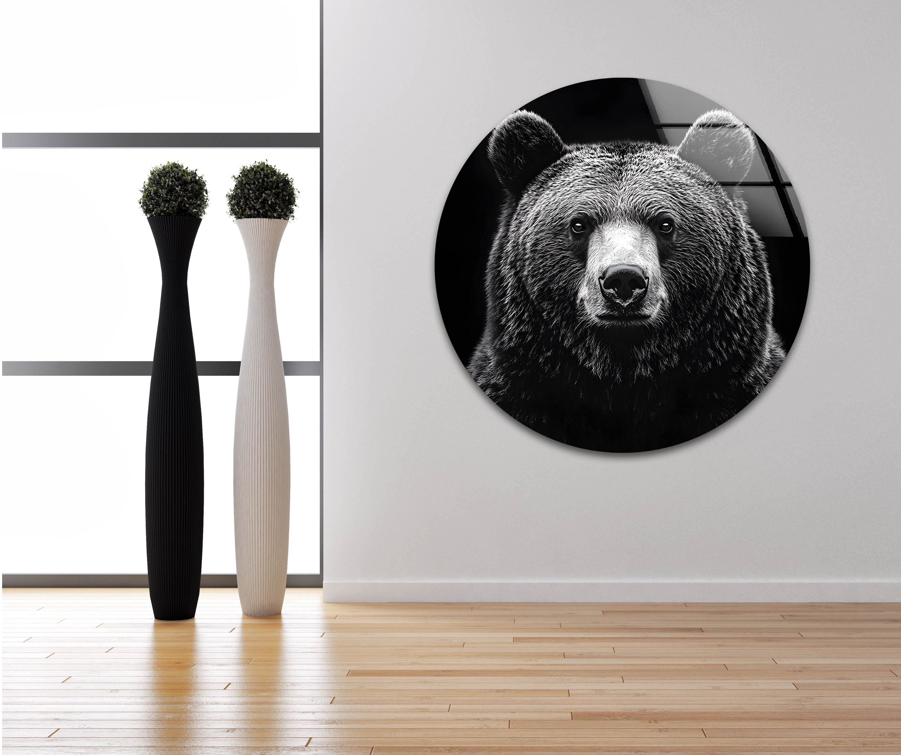 Black and White Bear Wall Art - Modern Animal Design on Glass for Living Room, Bedroom & Office Decor
