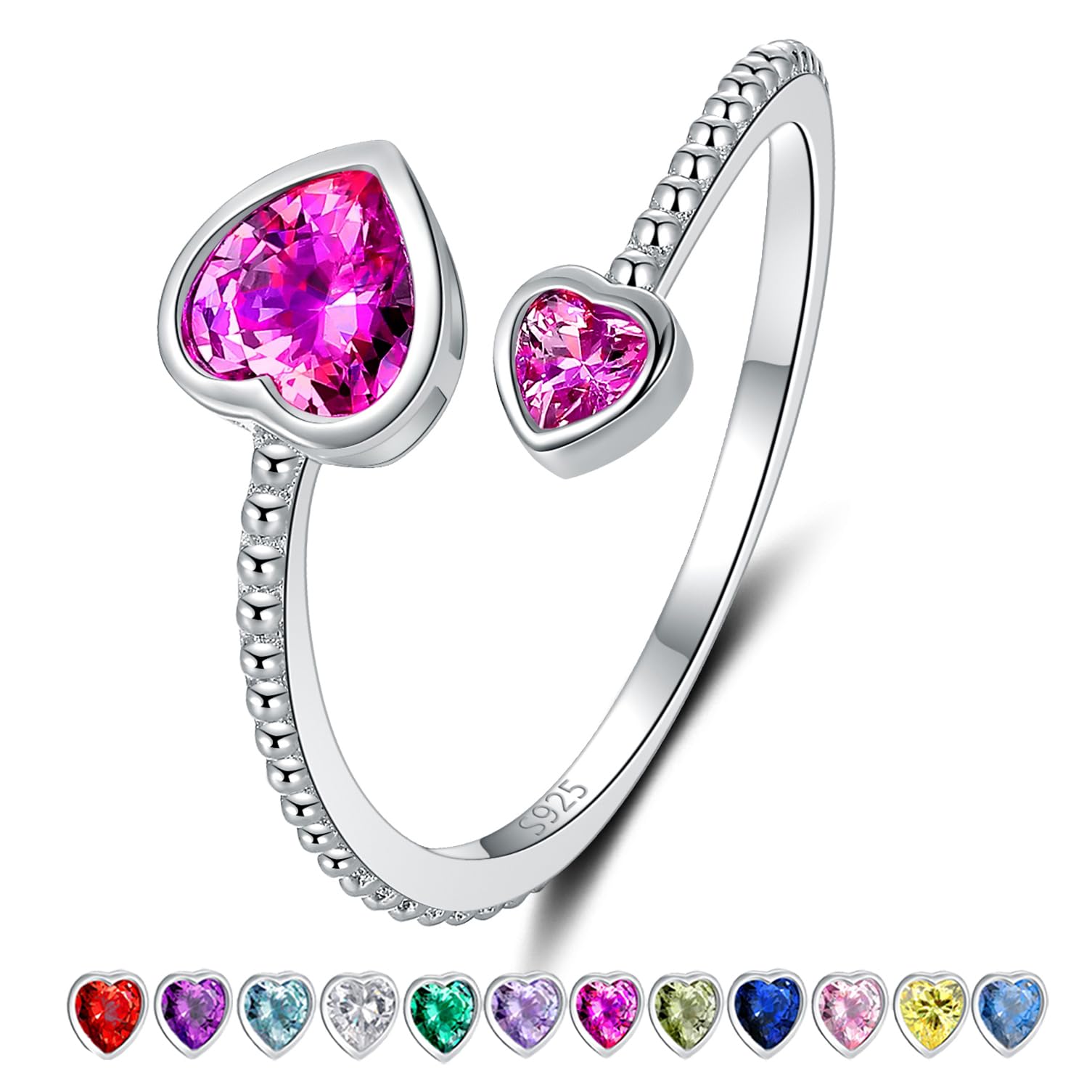 925 Sterling Silver Birthstone Rings for Women - Adjustable Open Heart Constellation Ring | Personalized Month Jewelry for Birthday Gifts | Perfect for Everyday Wear & Special Occasions