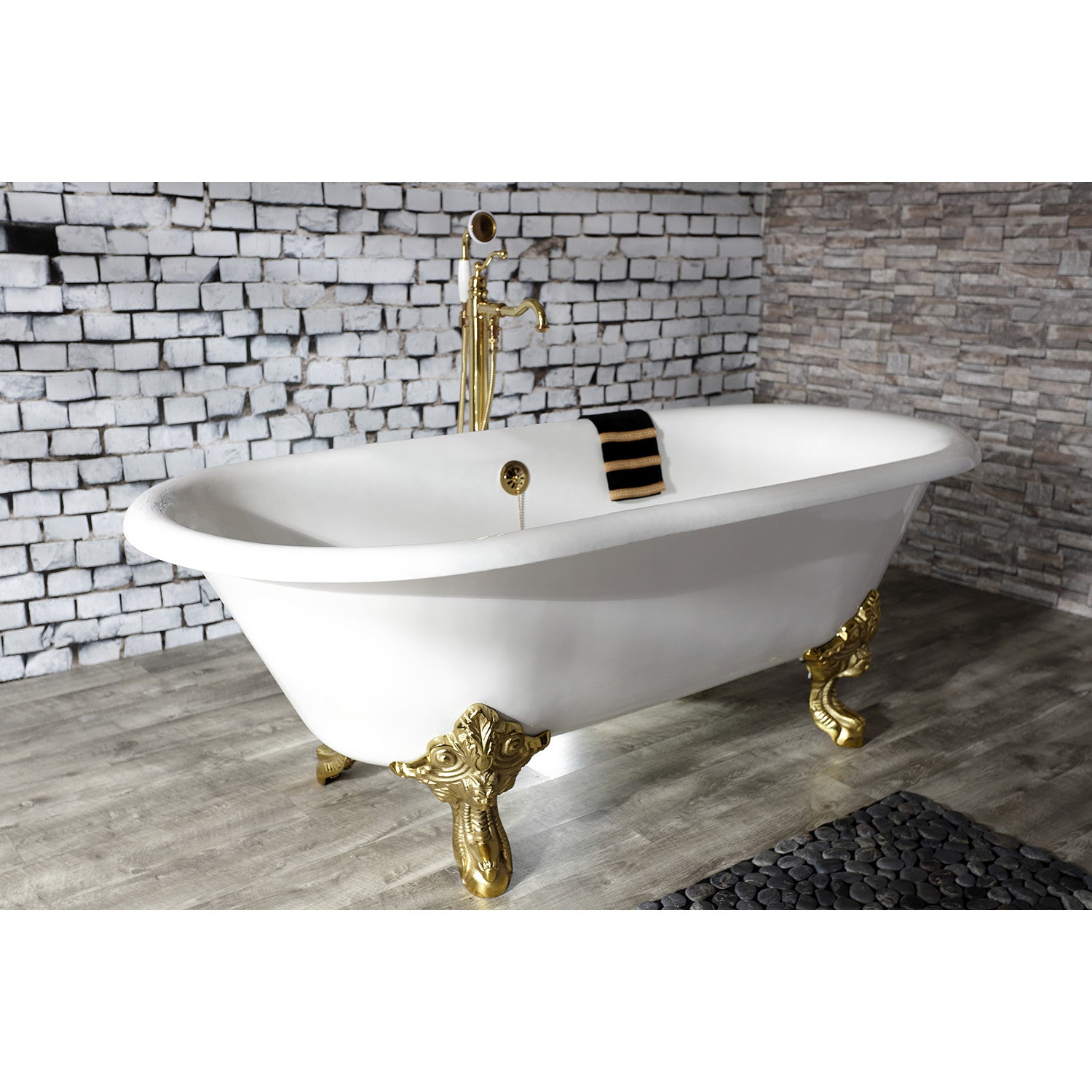 Aqua Eden 72 Inch White Cast Iron Clawfoot Bathtub - Oval Double Ended Freestanding Tub with Polished Brass Feet for Vintage Bathroom Decor | Perfect for Spa, Master Bath, or Luxury Home Renovation