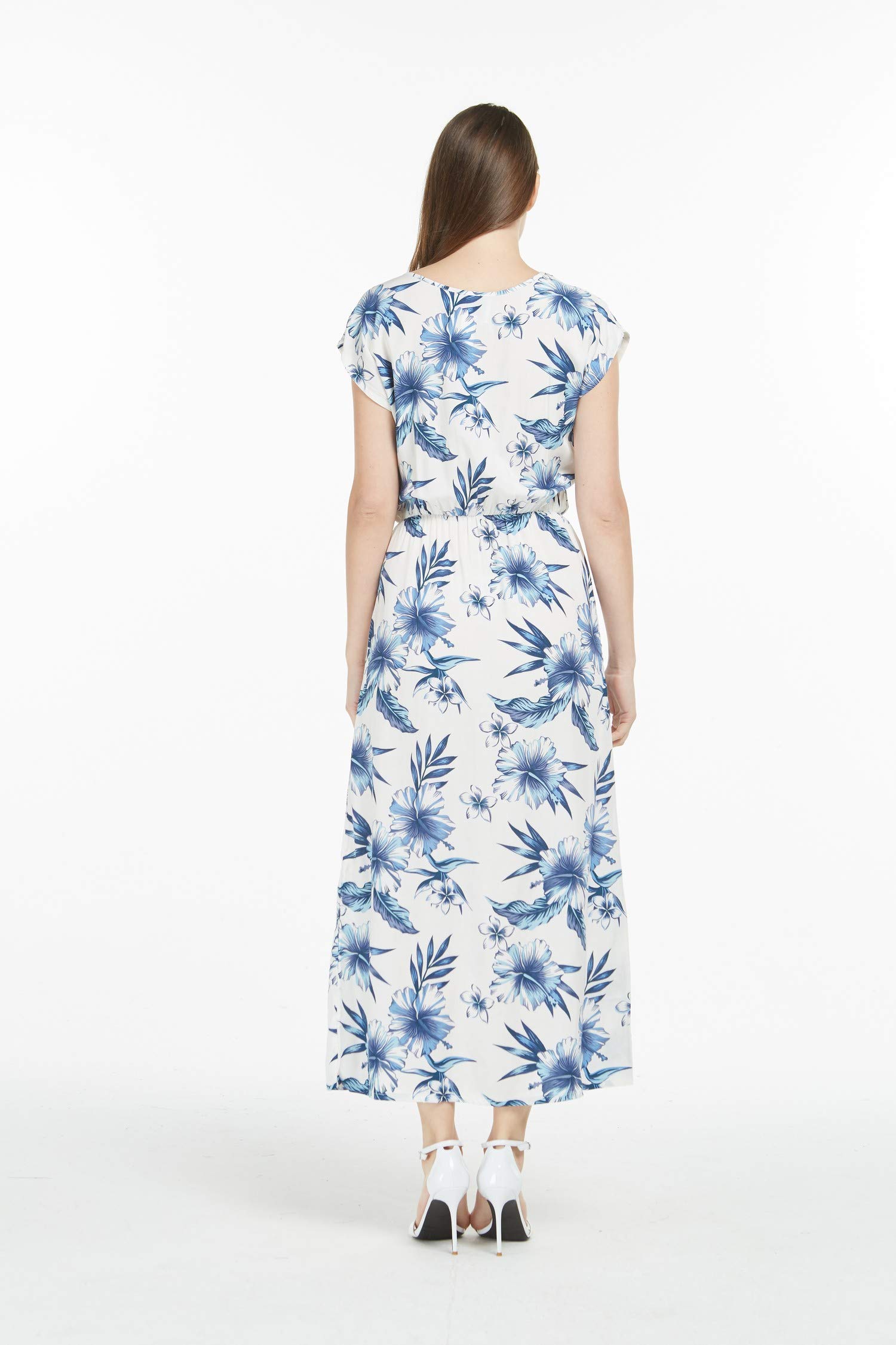 Women's Hawaiian Luau Cap Sleeve Maxi Floral Dress - Beach Party, Summer Vacation & Tropical Getaway Outfit