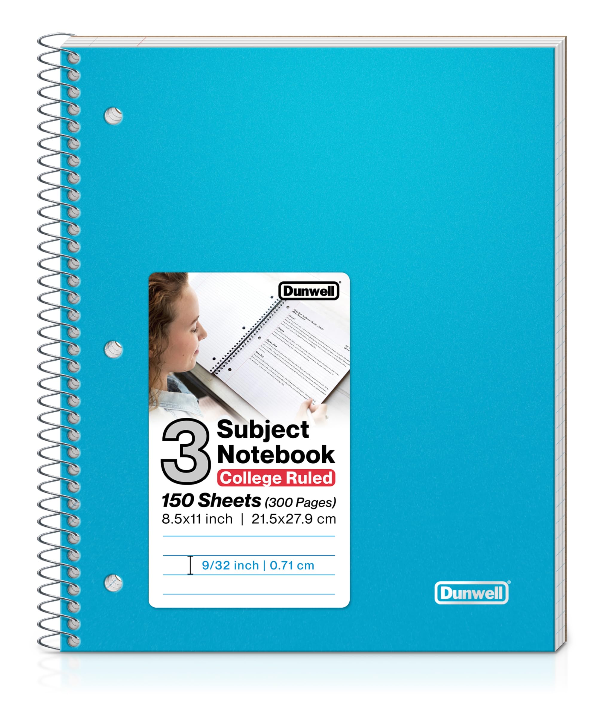 Dunwell 3 Subject Spiral Notebook - College Ruled, 150 Sheets (300 Pages), 8.5 x 11 Inches, Durable Plastic Cover, 3 Pocket Dividers & 3-Hole Punched Paper - Perfect for School, Office & Note Taking