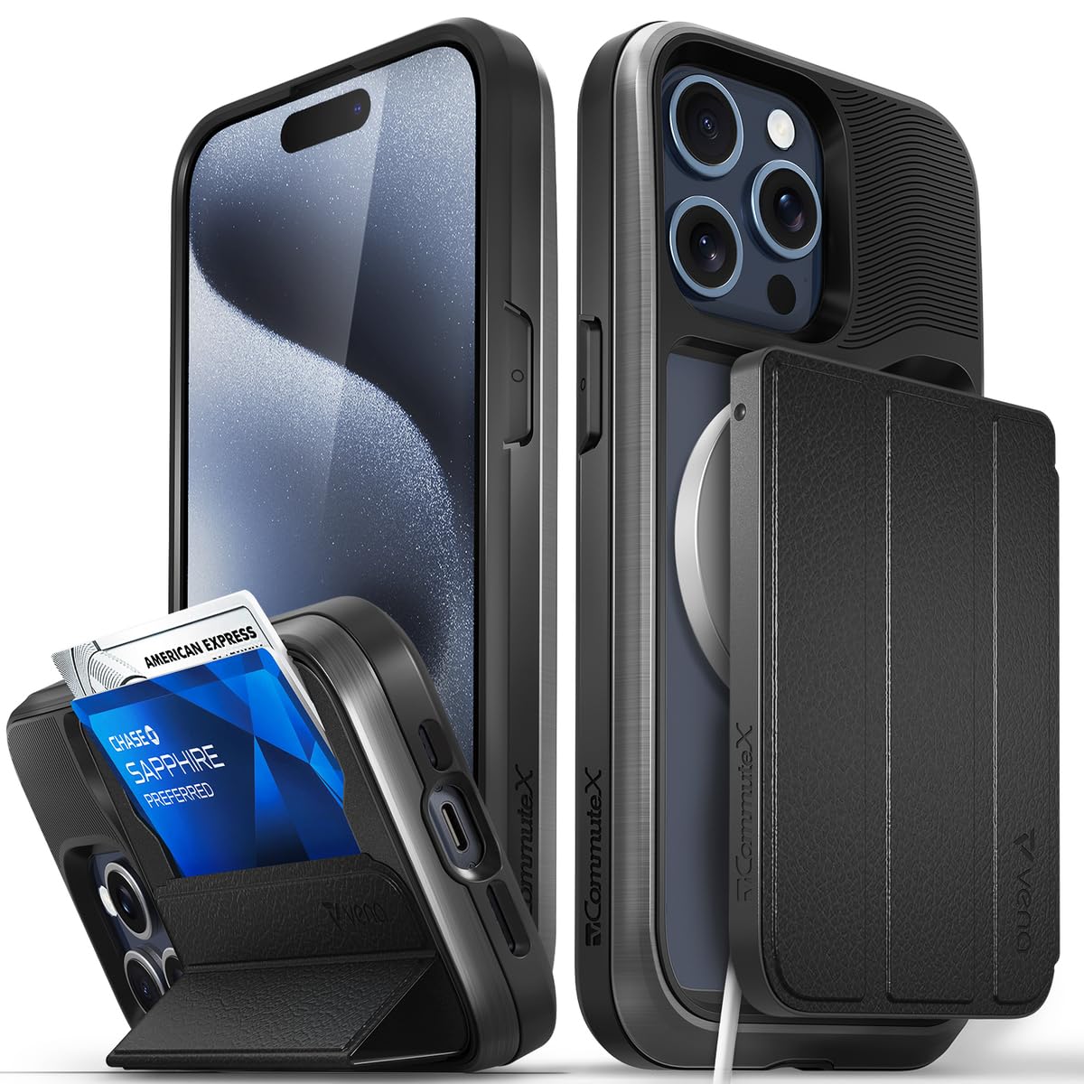VENA vCommuteX iPhone 15 Pro Max Wallet Case - MagSafe Compatible Military Grade Drop Protection, Detachable Leather Cover with Card Holder & Kickstand (Black) - Perfect for Work, Travel & Everyday Use