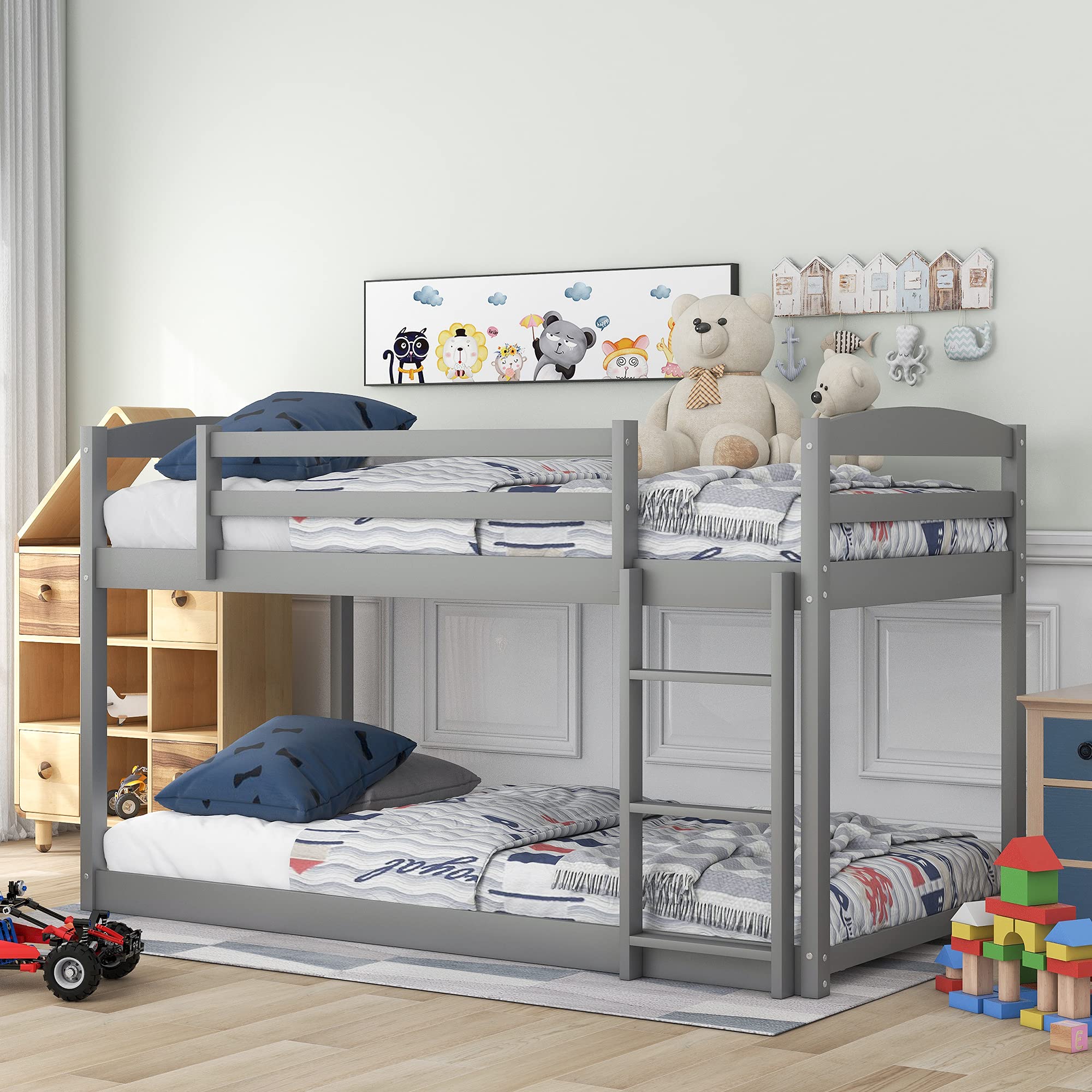 Kids Twin Bunk Bed with Ladder - Low Profile Wooden Toddler Bunk Bed Frame (Grey) - Perfect for Small Bedrooms, Shared Kids Rooms & Space-Saving Sleep Solutions