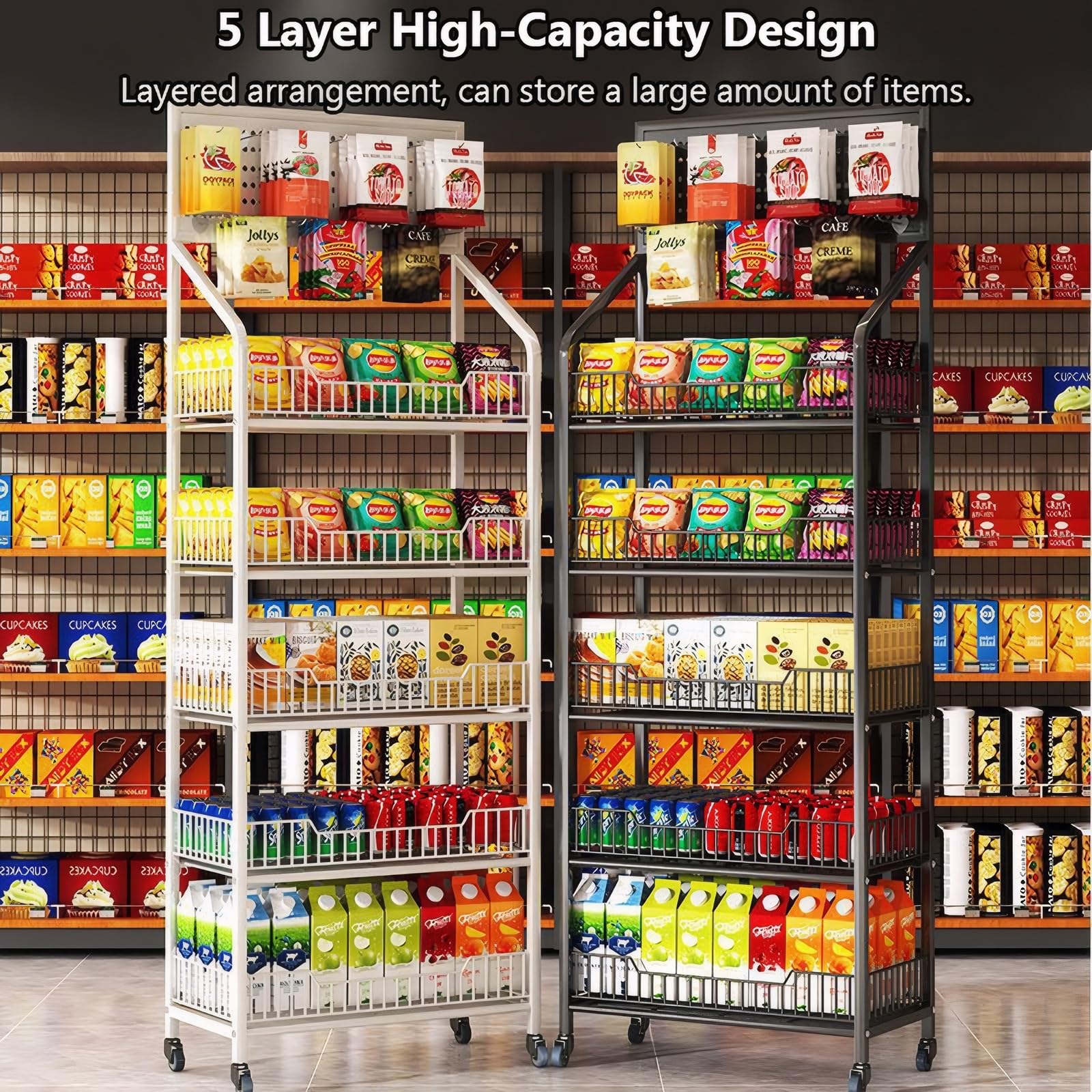 5-Tier Metal Retail Display Rack with Wheels - Heavy Duty Storage Shelf for Snacks, Fruits, Tools - Easy Assembly 19.7