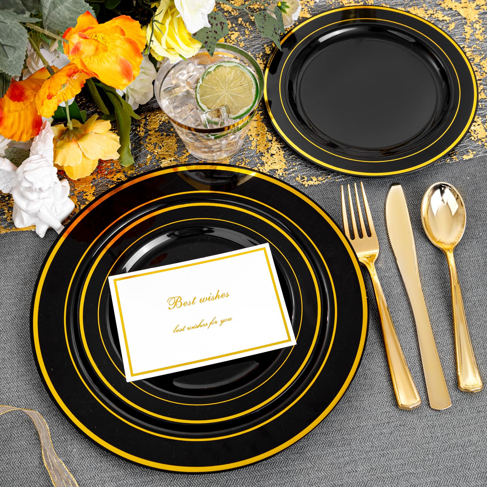 150-Piece Black and Gold Disposable Dinnerware Set for 25 Guests - Includes 25 Dinner Plates, 25 Dessert Plates, 25 Spoons, 25 Forks, 25 Knives & 25 Cups - Elegant Party Supplies for Weddings, Birthdays, New Year Celebrations & Holiday Gatherings