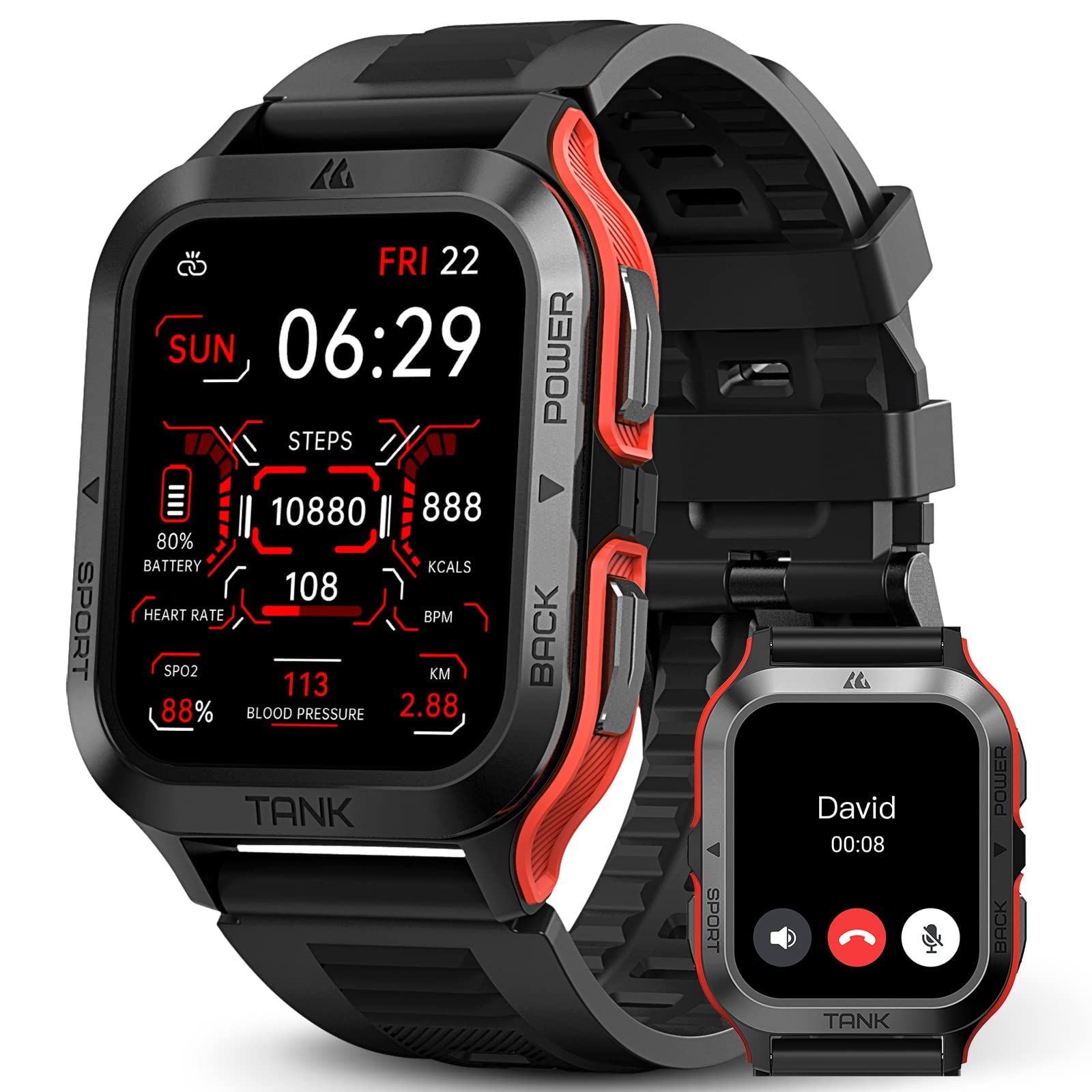 AMAZTIM Rugged Military Smart Watch with 60-Day Battery, 50M Waterproof, Bluetooth Calling, 1.85